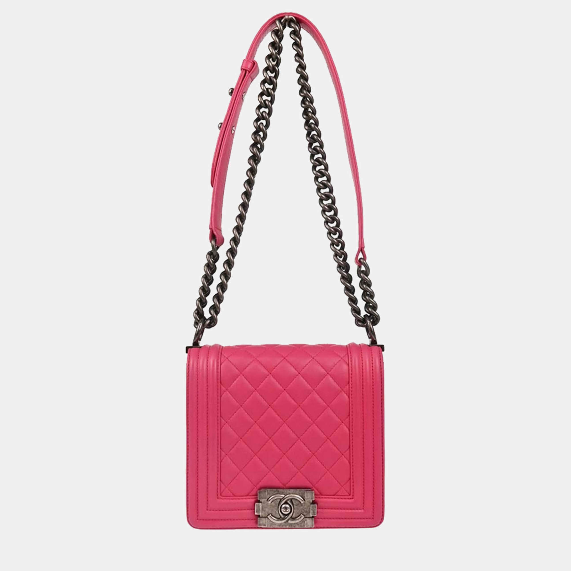 Pre Owned Chanel Boy Chanel Pink Calfskin Chain Shoulder Bag