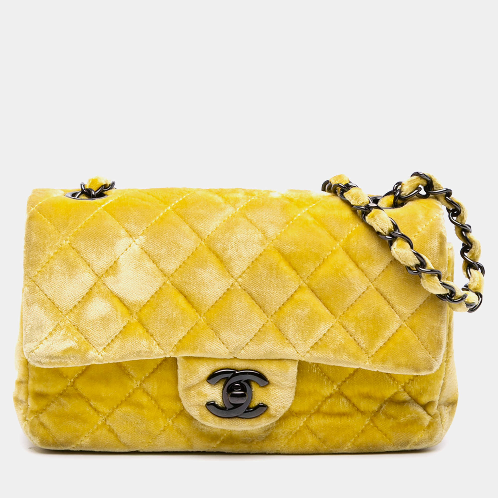 Pre Owned Chanel Yellow Mini Rectangular Classic Velvet Single Flap Bag