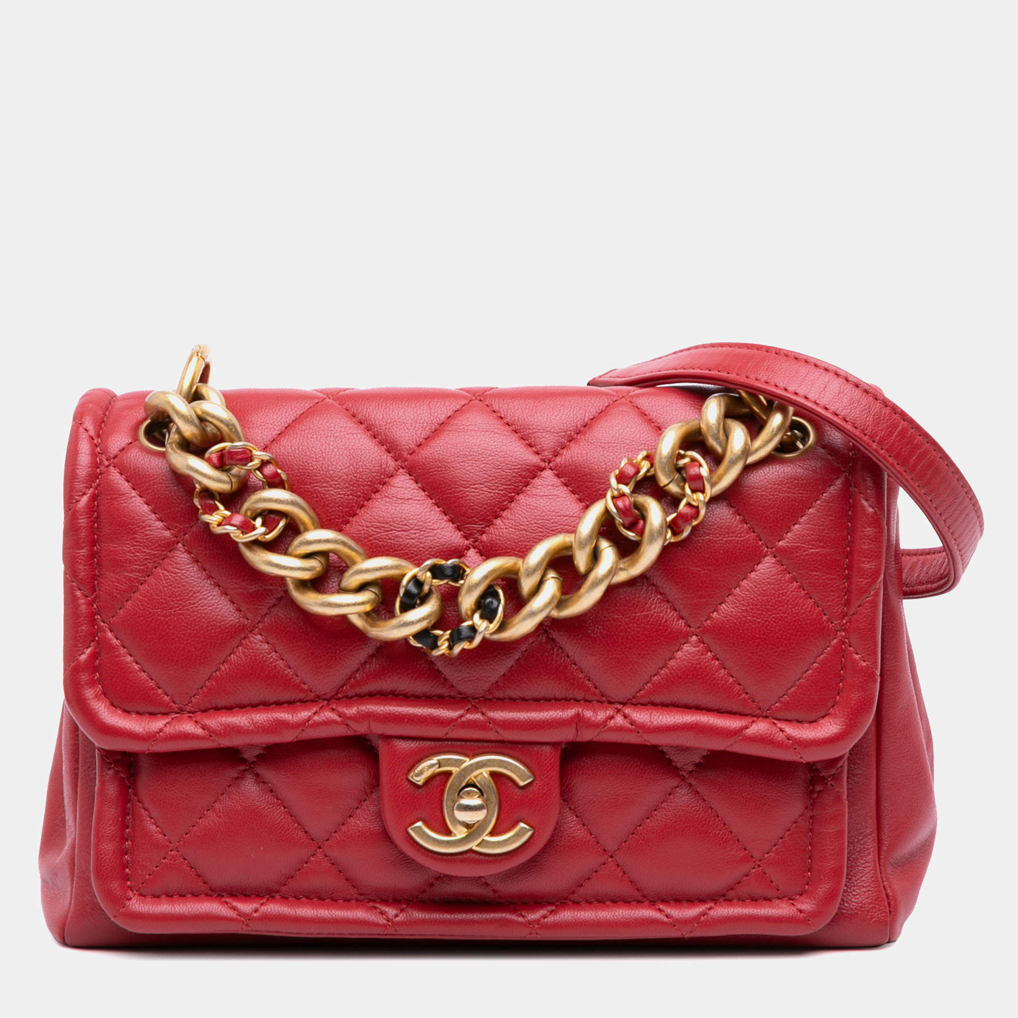 Pre Owned Chanel Red Small Quilted Lambskin Chain Link Flap Bag
