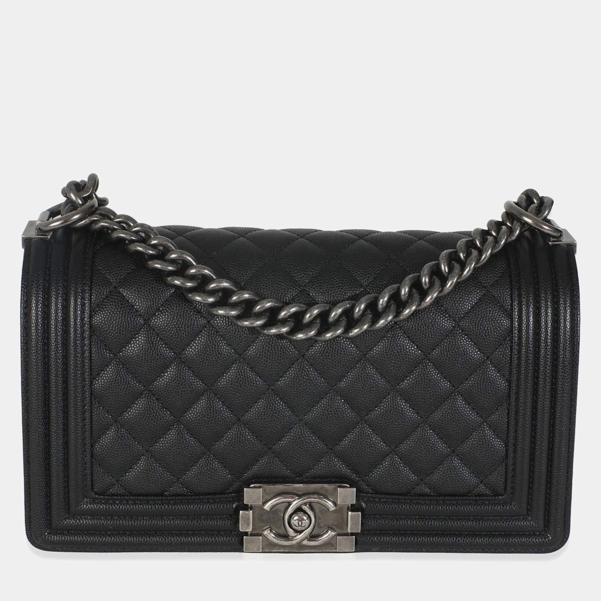 Pre Owned Chanel Black Quilted Caviar Medium Boy Handbag