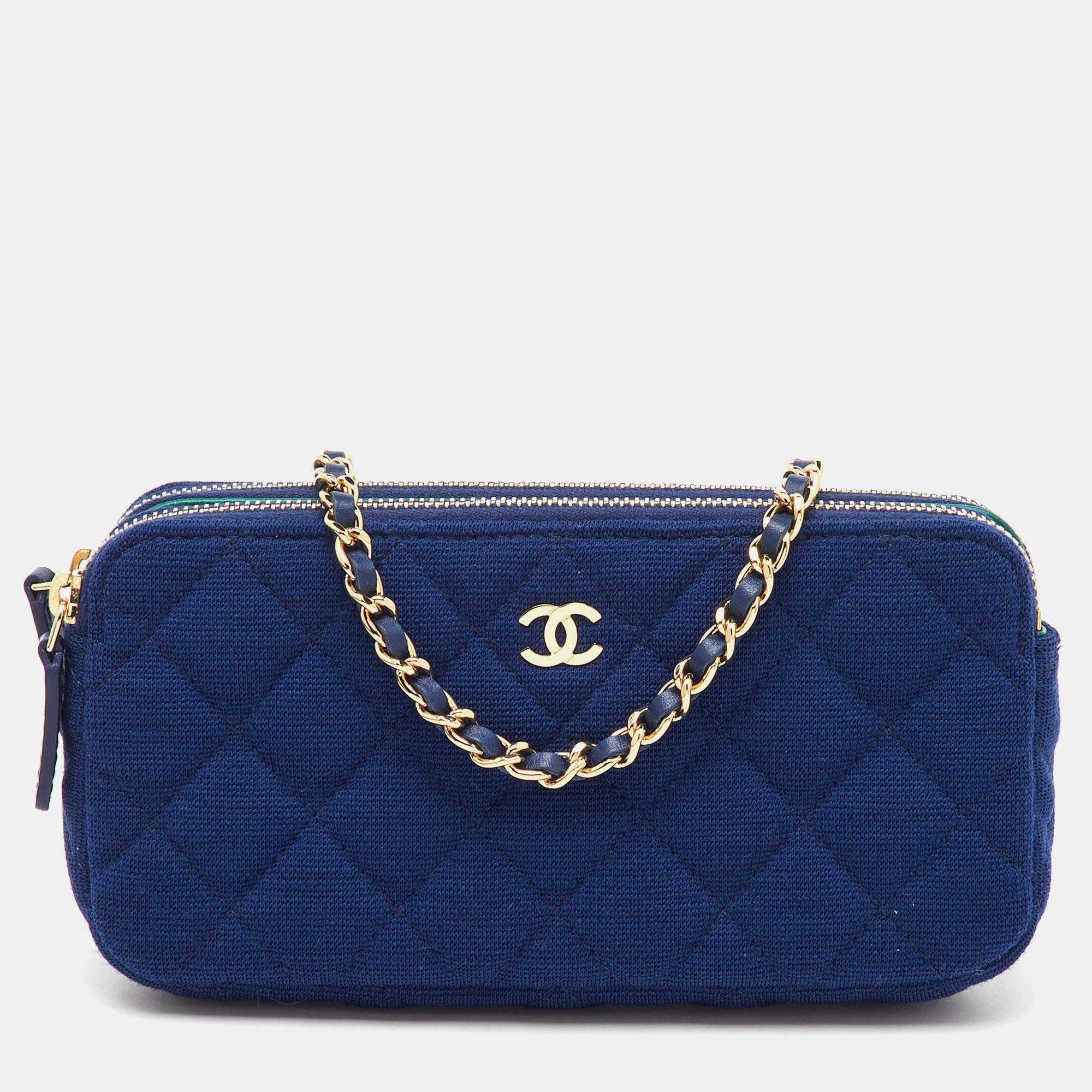 Pre Owned Chanel Blue Quilted Fabric Double Zip WOC Crossbody Bag