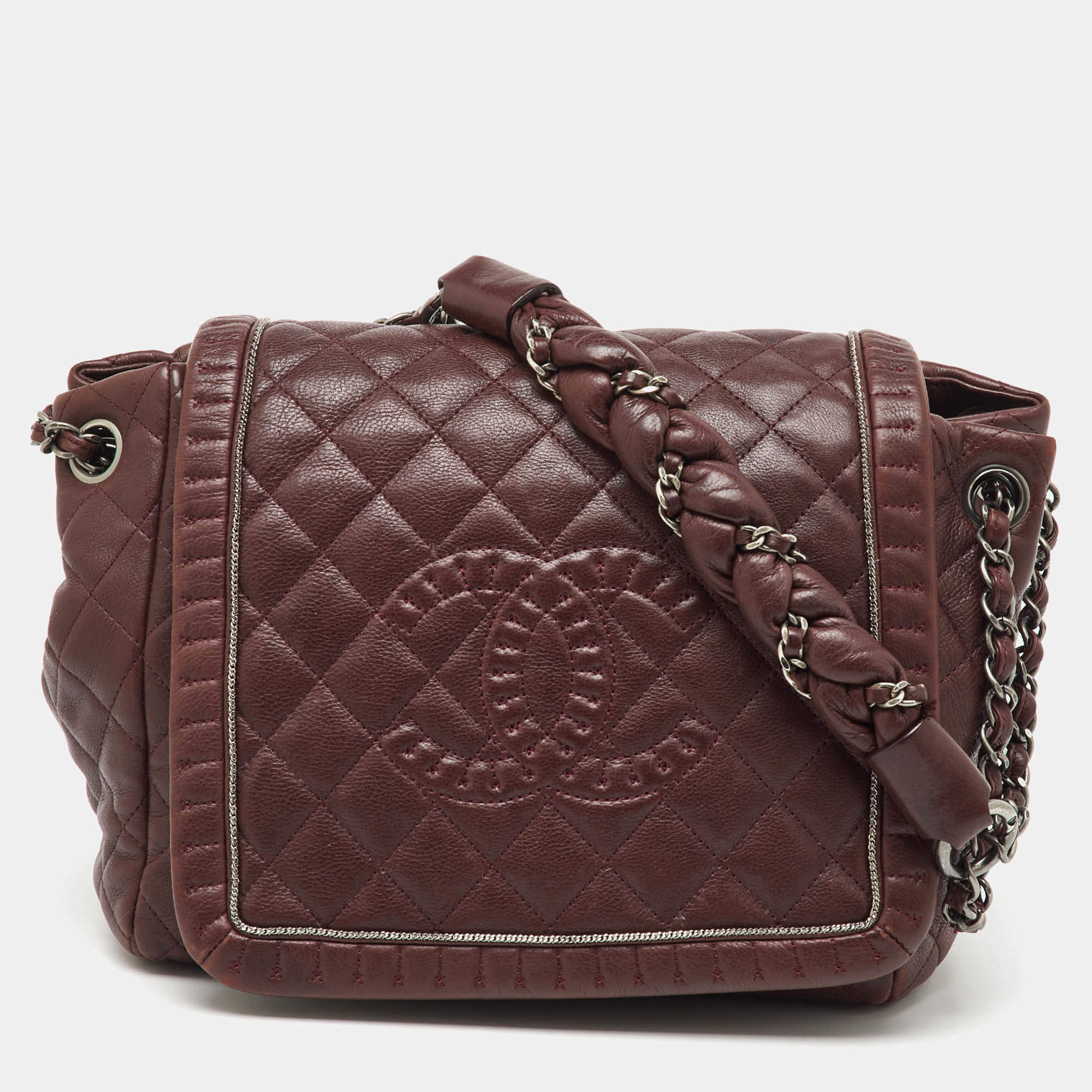 Pre Owned Chanel Burgundy Quilted Leather CC Istanbul Accordion Flap Bag