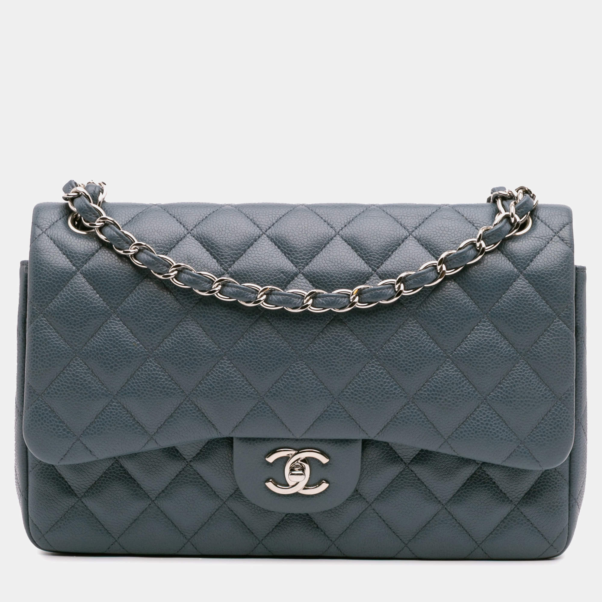 Pre Owned Chanel Blue Jumbo Classic Caviar Double Flap