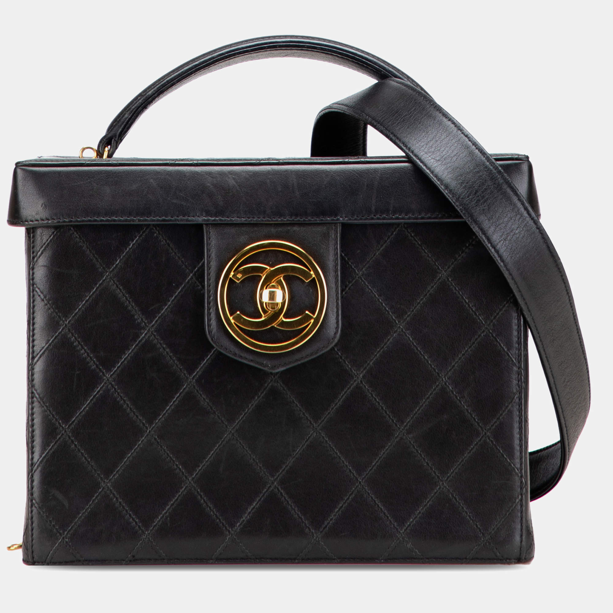 Pre Owned Chanel Black CC Stitched Calfskin Turnlock Vanity Case