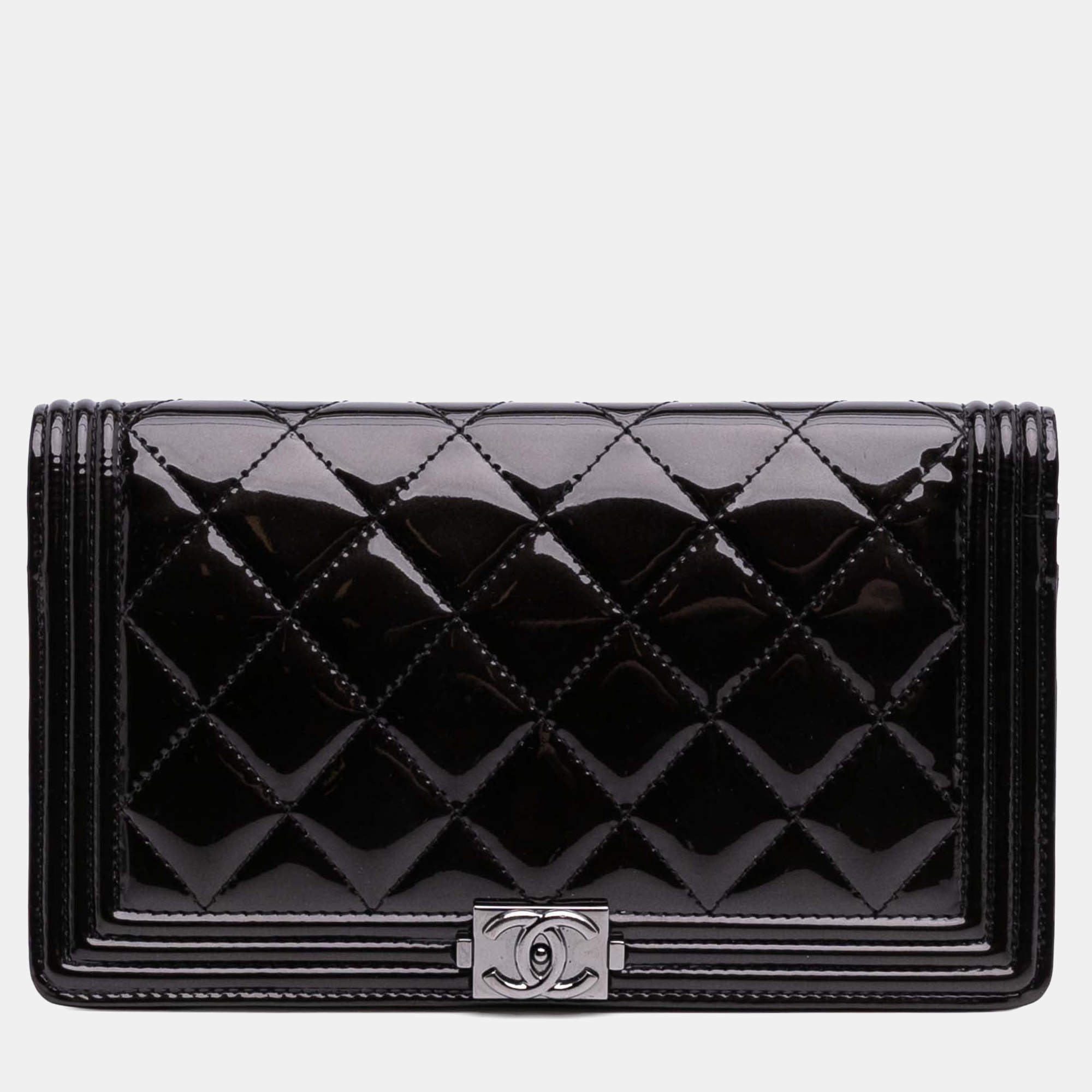 Pre Owned Chanel Boy Quilted Black Patent Leather Long Wallet