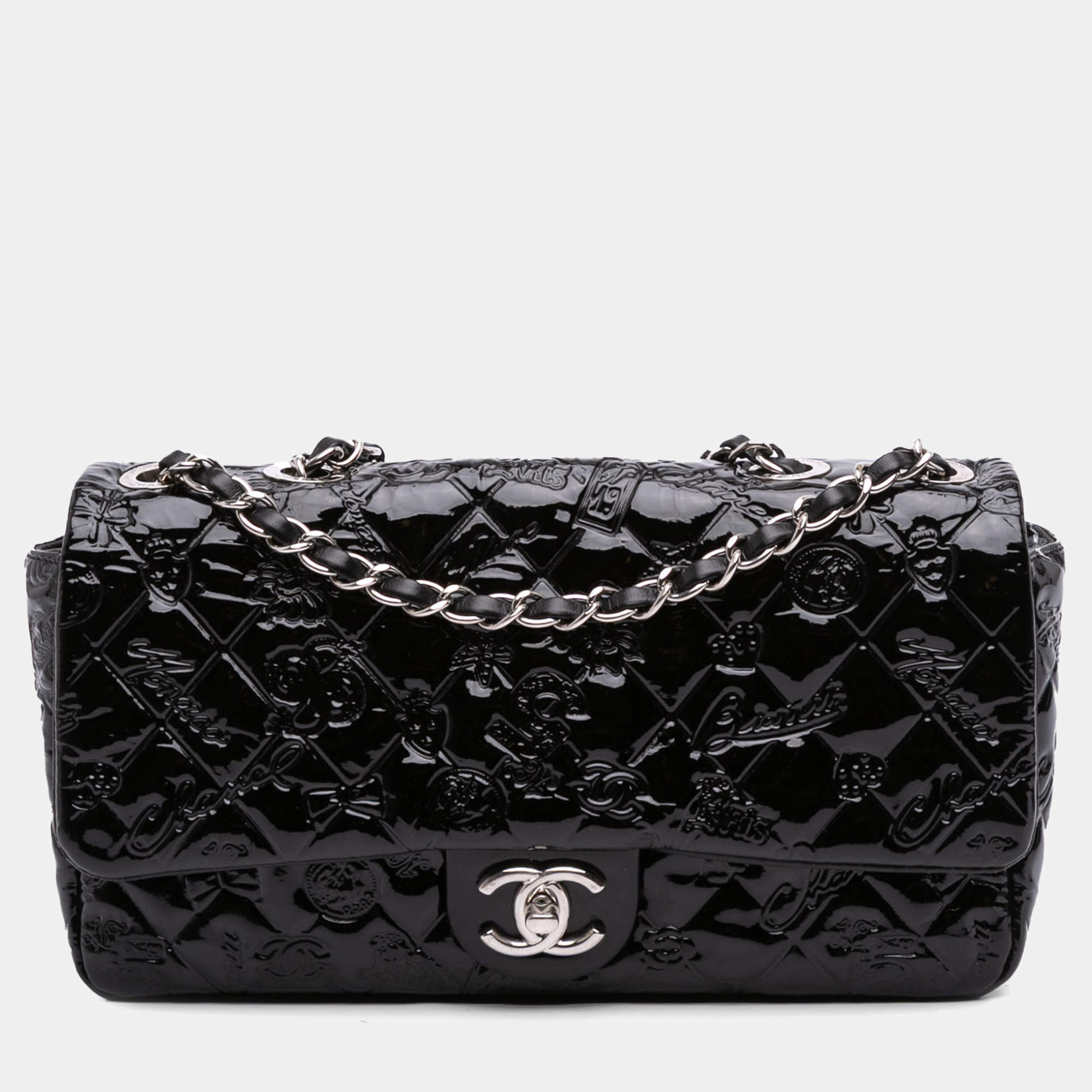 Pre Owned Chanel Black Medium Patent Lucky Symbols Flap