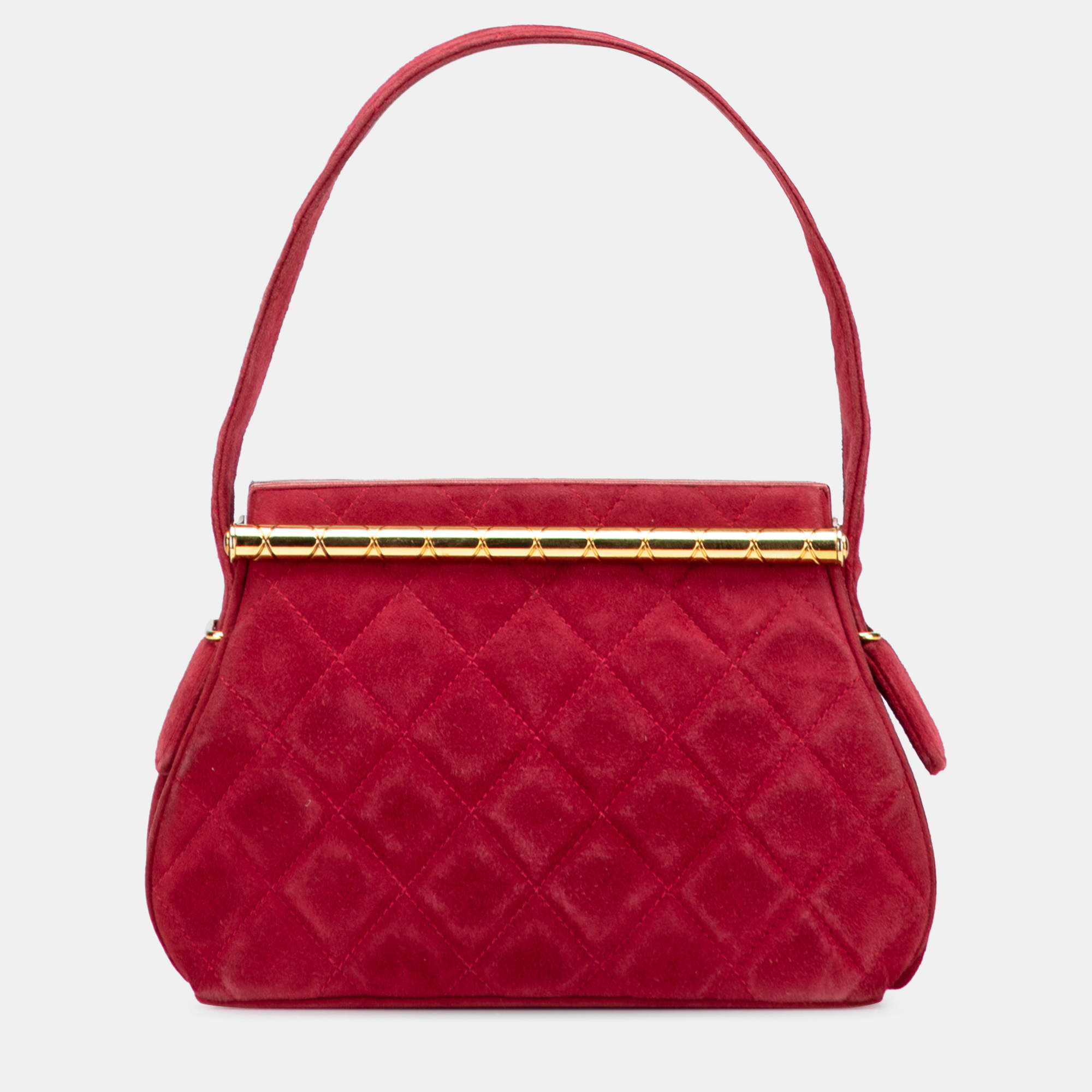 Pre Owned Chanel Red Quilted Suede Metal Frame Handbag
