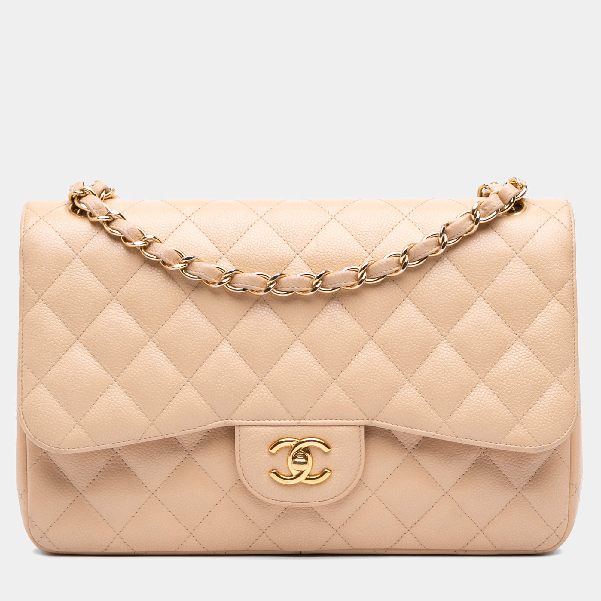 Pre Owned Chanel Beige Jumbo Classic Caviar Double Flap