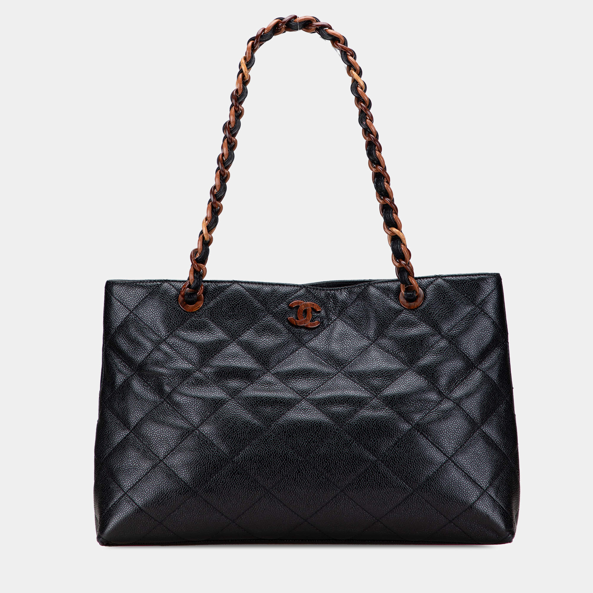 Pre Owned Chanel Black CC Quilted Caviar Tortoise Chain Tote