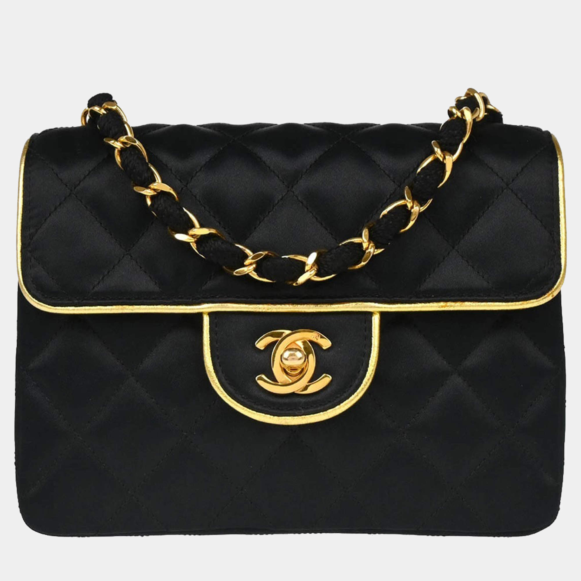 Pre Owned Chanel Classic Square Flap Black Satin Mini Shoulder Bag