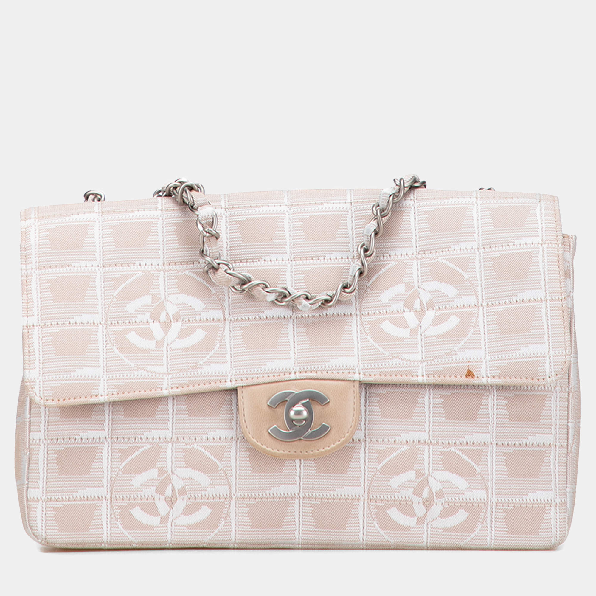 Pre Owned Chanel Beige Brown Medium New Travel Line Nylon Single Flap