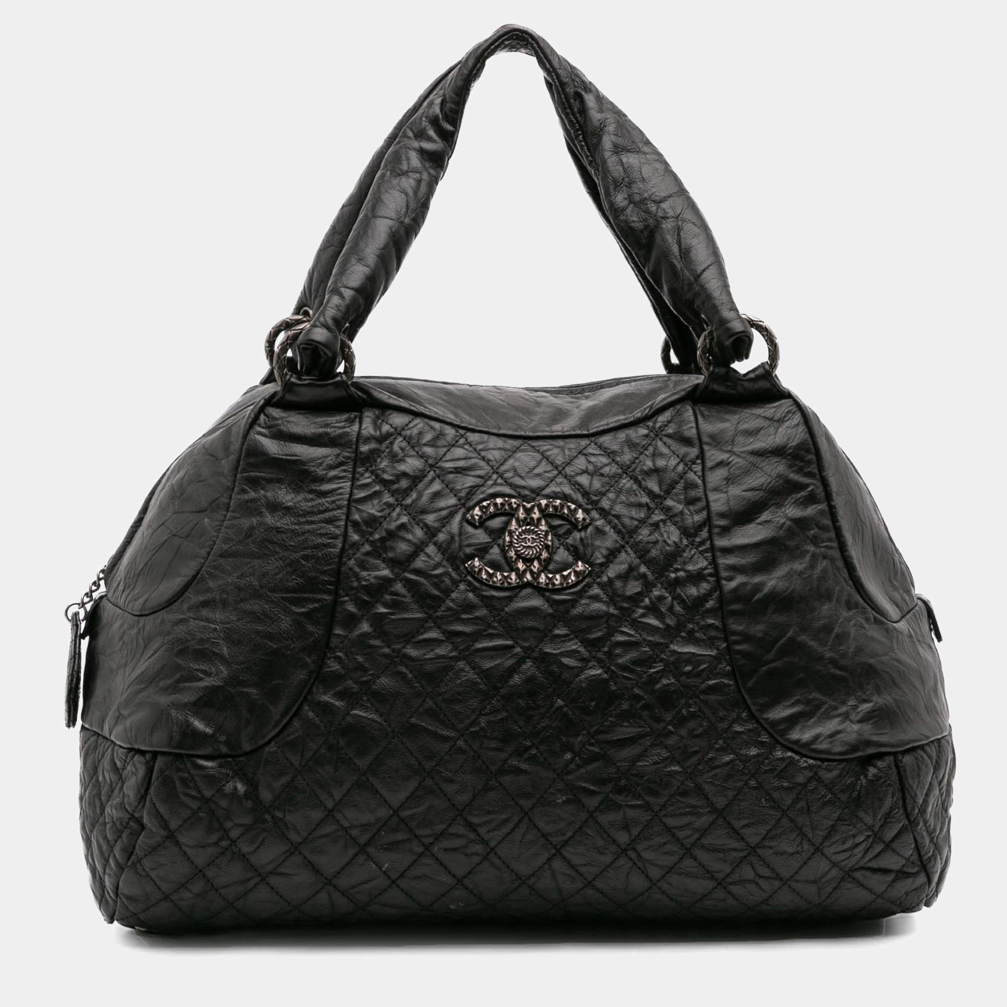 Pre Owned Chanel Black CC Quilted Aged Calfskin Coco Rider Bowling Bag