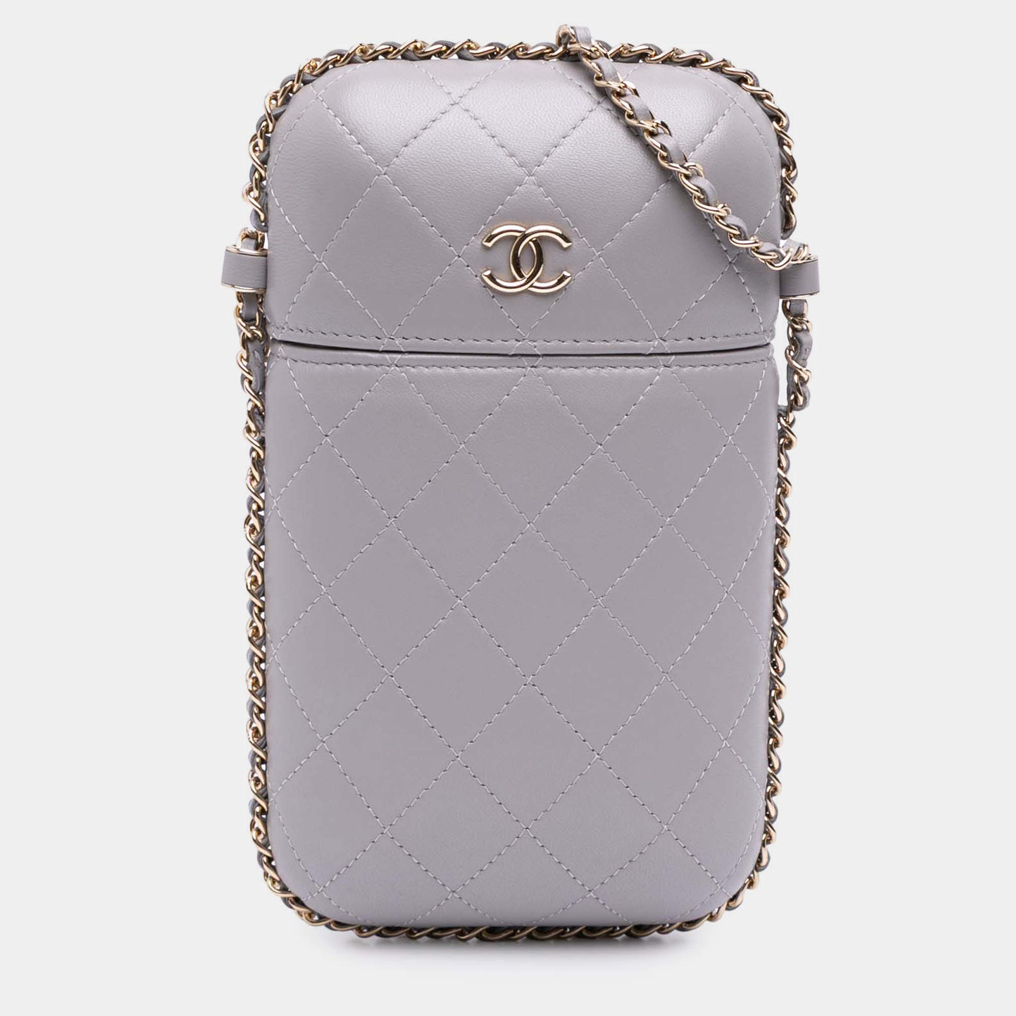 Pre Owned Chanel Grey CC Quilted Lambskin Chain Around Phone Holder