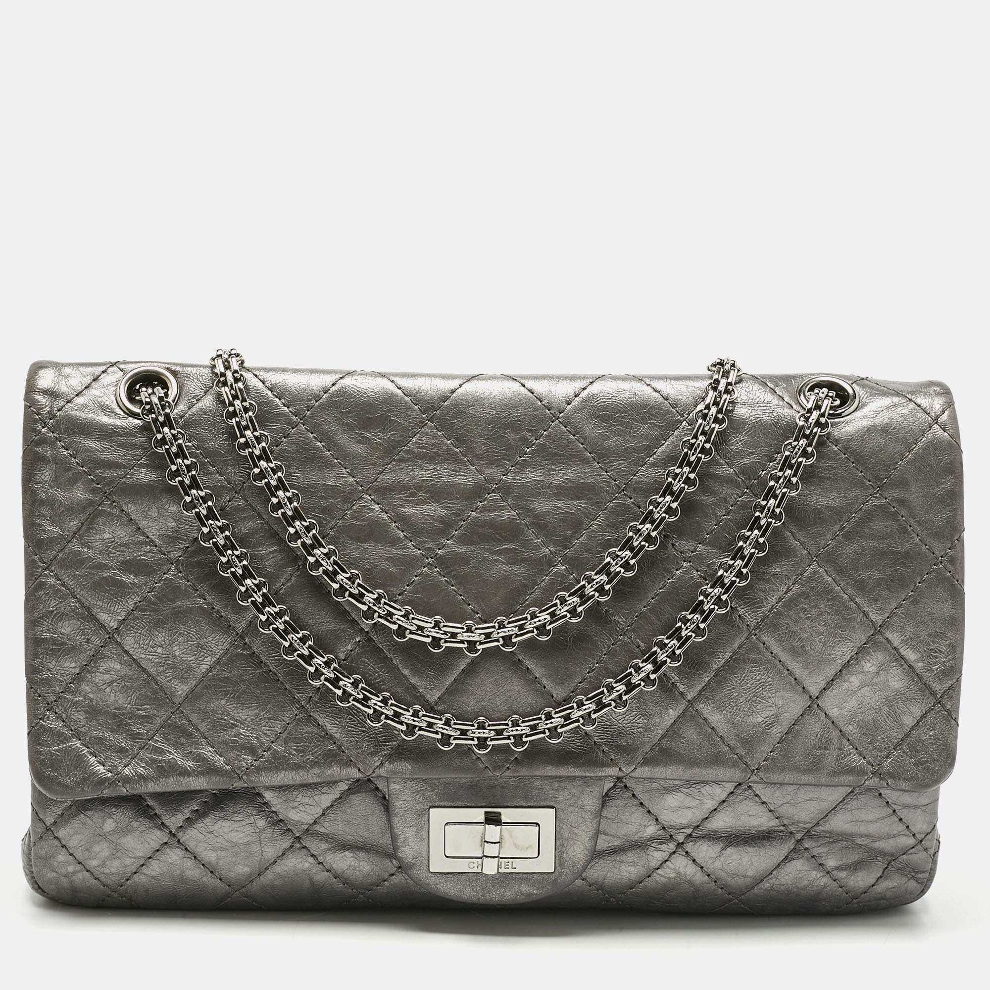 Pre Owned Chanel Metallic Grey Quilted Aged Leather 227 Reissue 2.55 Flap Bag