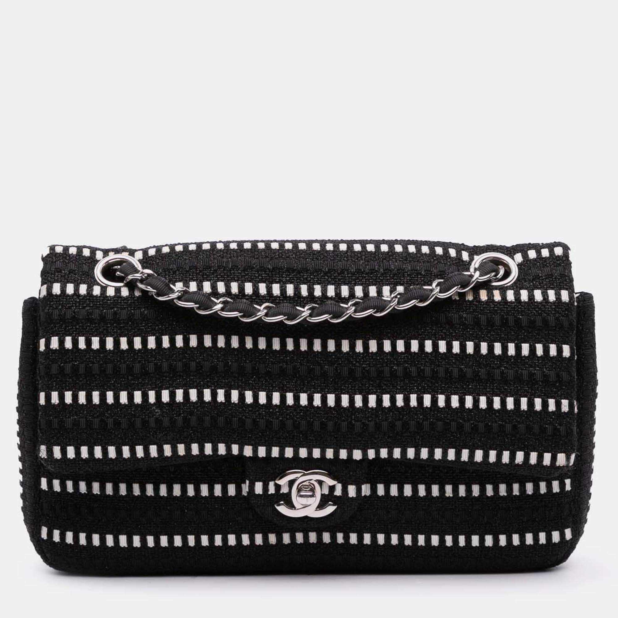 Pre Owned Chanel Black Medium Classic Tweed Striped Ribbon Double Flap