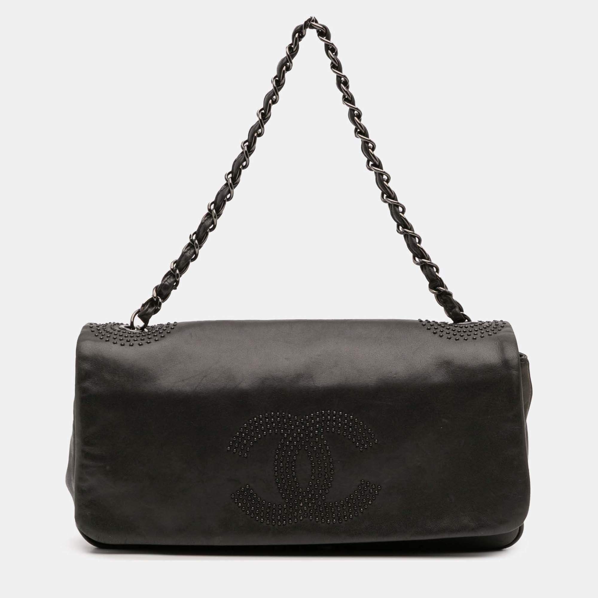 Pre Owned Chanel Black CC Studded Lambskin East West Flap