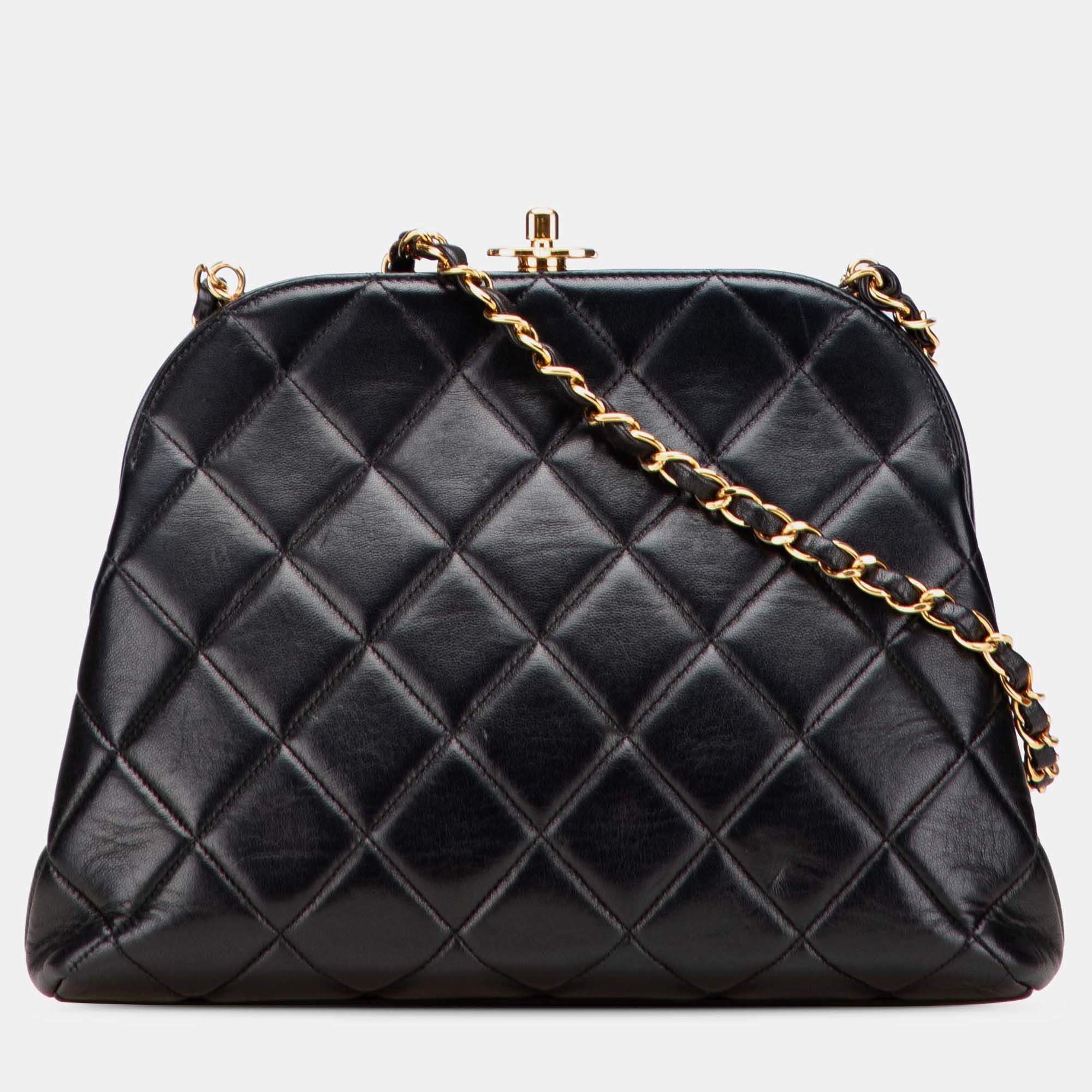 Pre Owned Chanel Black Quilted Lambskin Frame Chain Crossbody