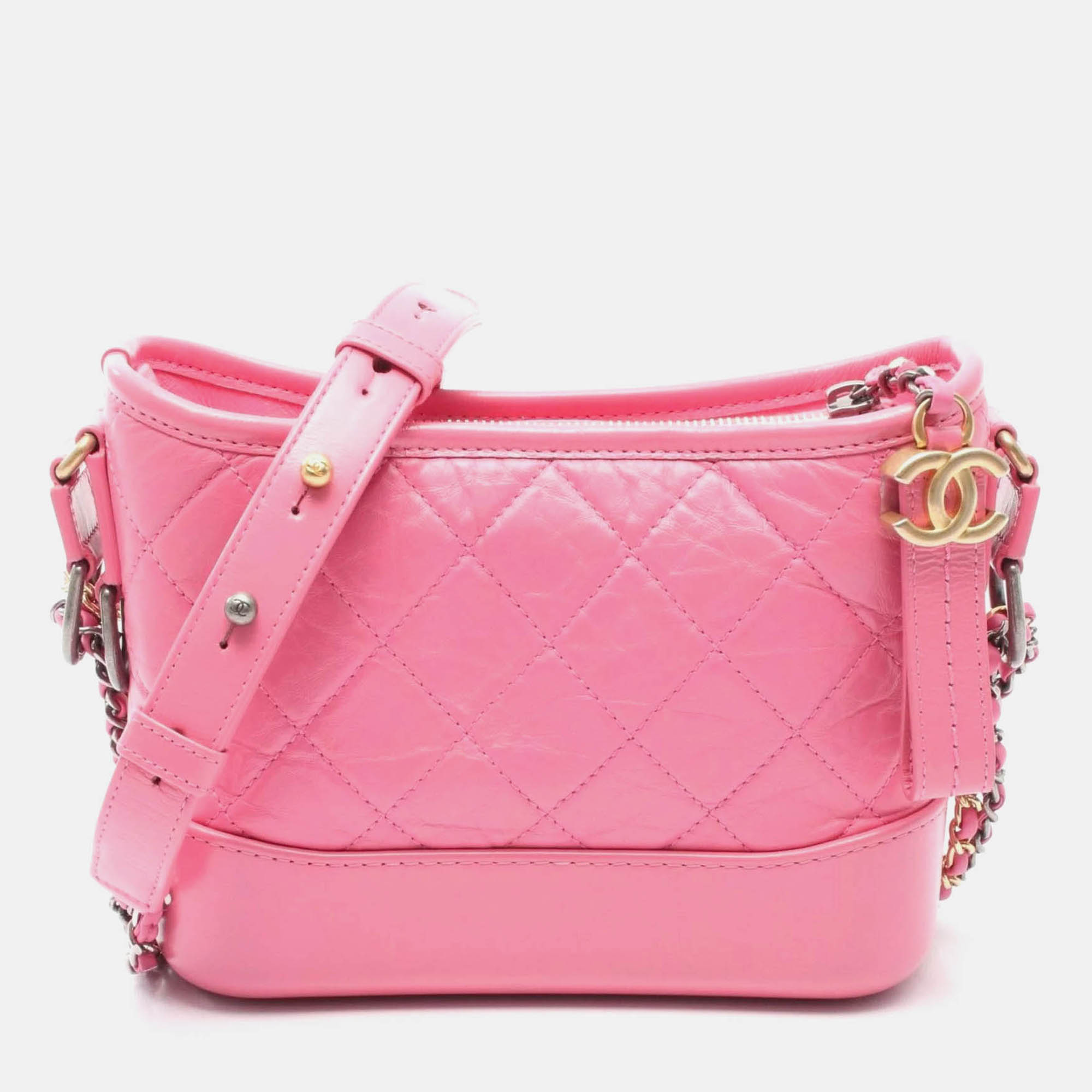 Pre Owned Chanel Gabrielle Small Pink Leather Hobo Bag