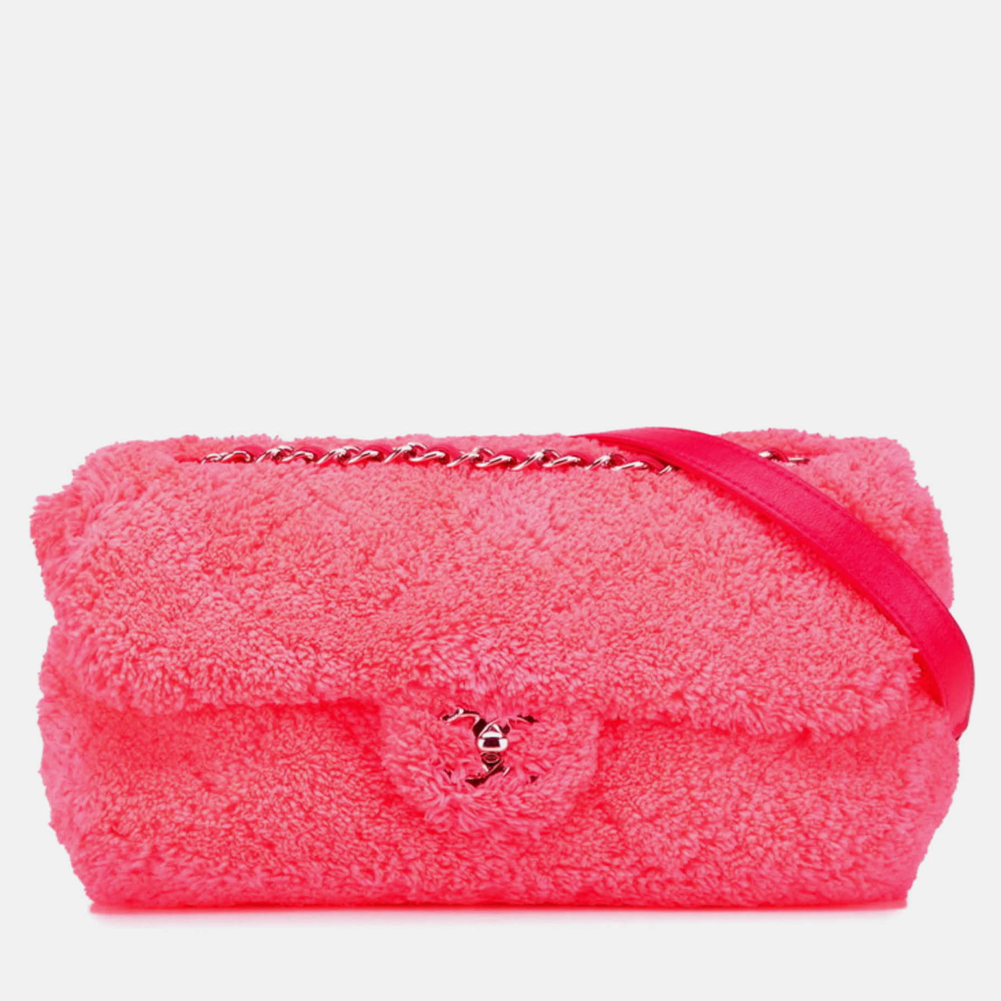 Pre Owned Chanel Pink Pile Fabric Shoulder Bag