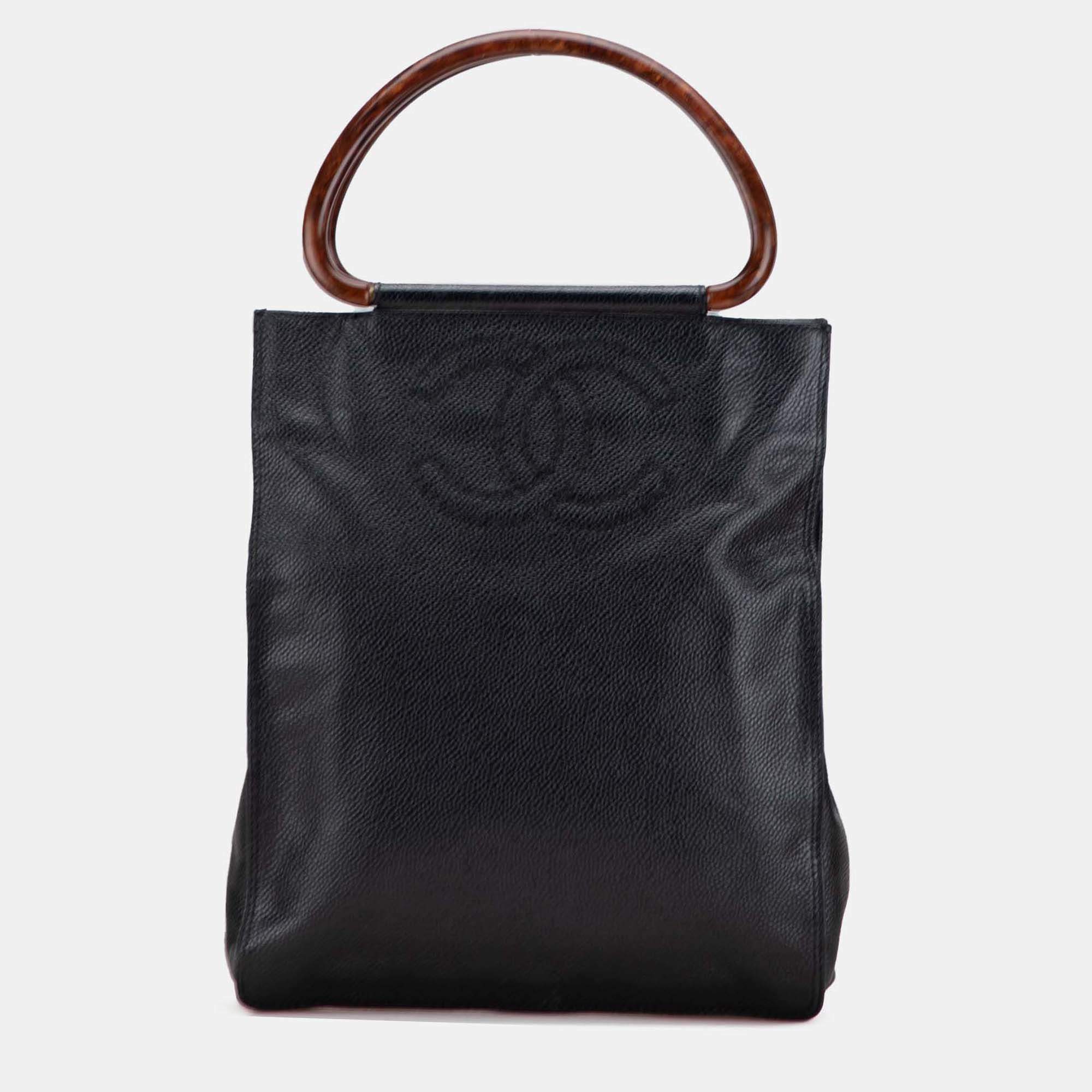 Pre Owned Chanel Black CC Caviar Wood Top Handle Tote