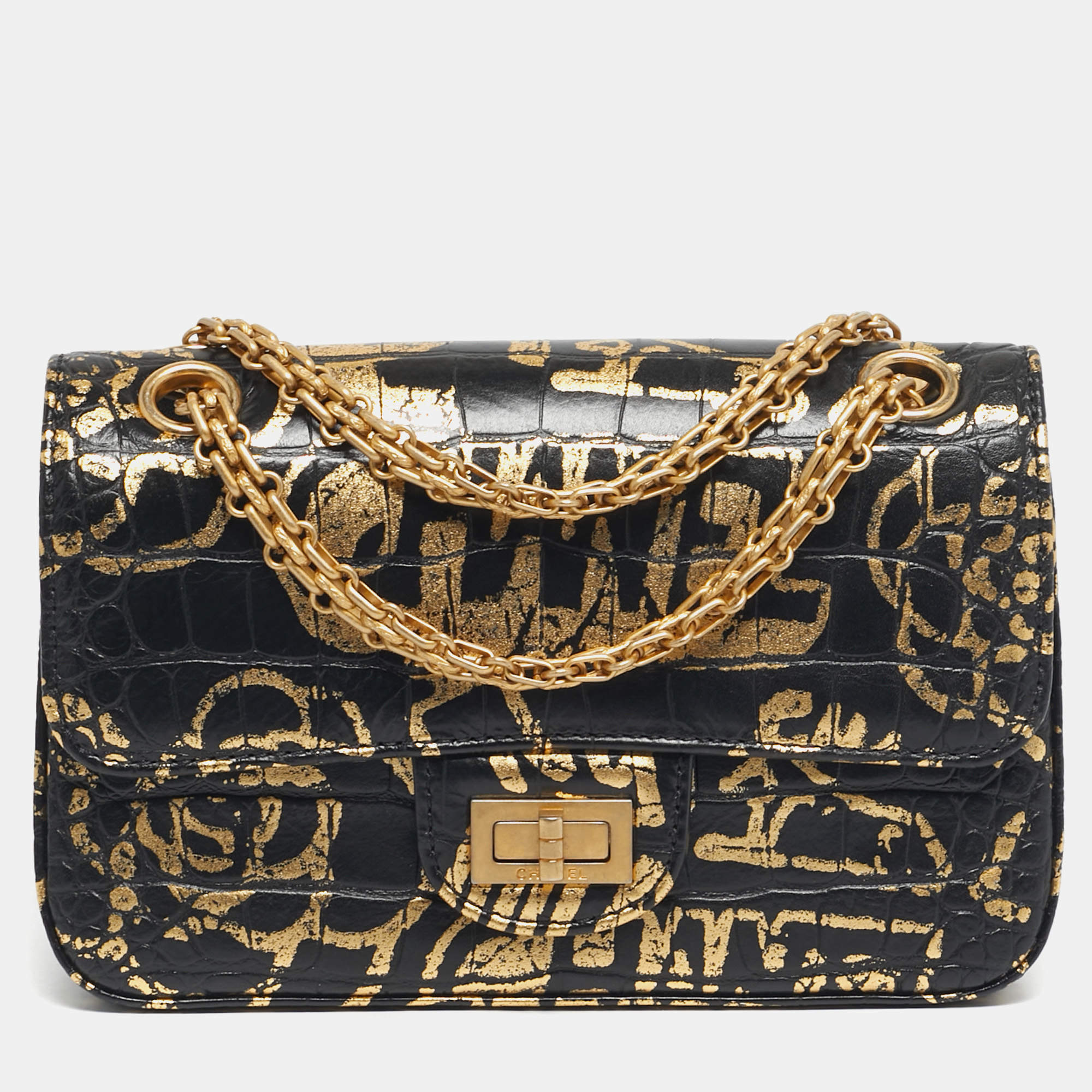 Pre Owned Chanel Black/Gold Graffiti Croc Embossed Leather Mini Reissue 2.55 Flap Bag