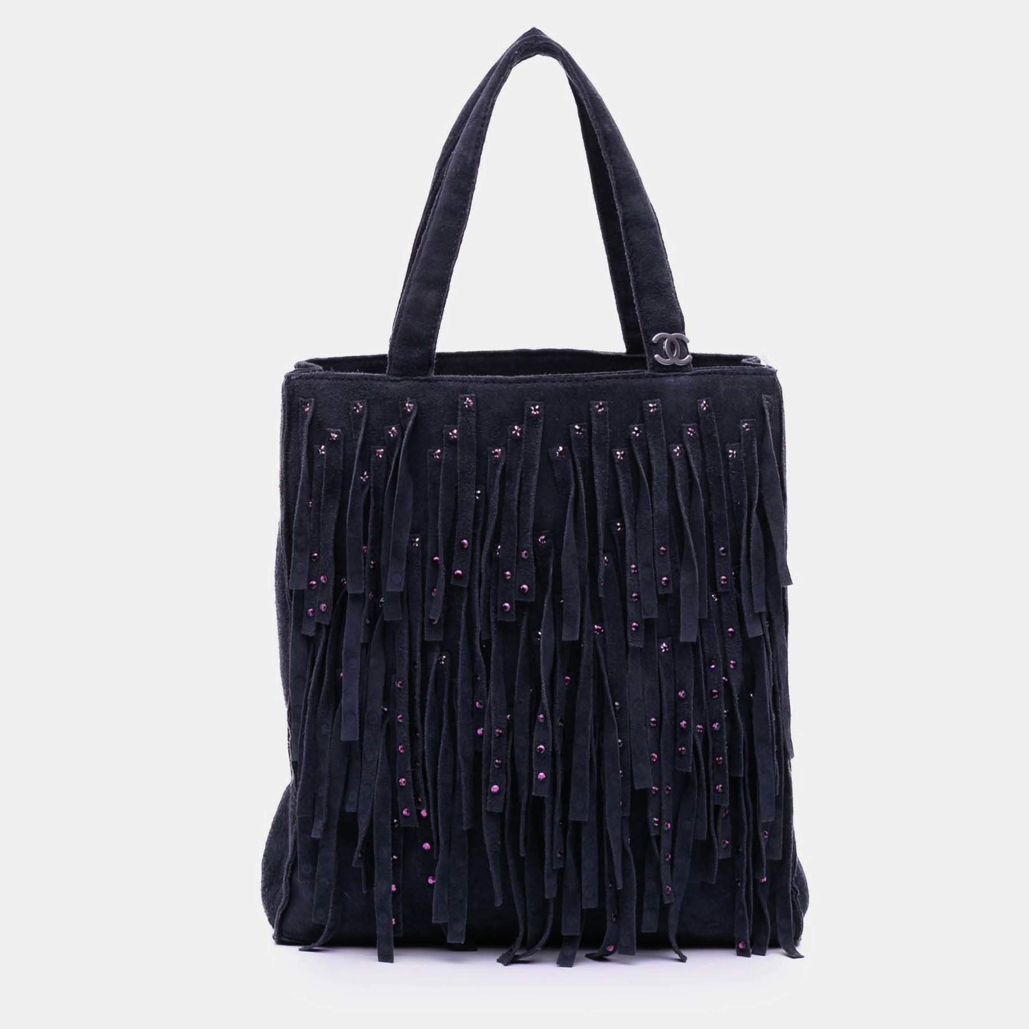 Pre Owned Chanel Purple Mini Suede Studded Fringe Tote