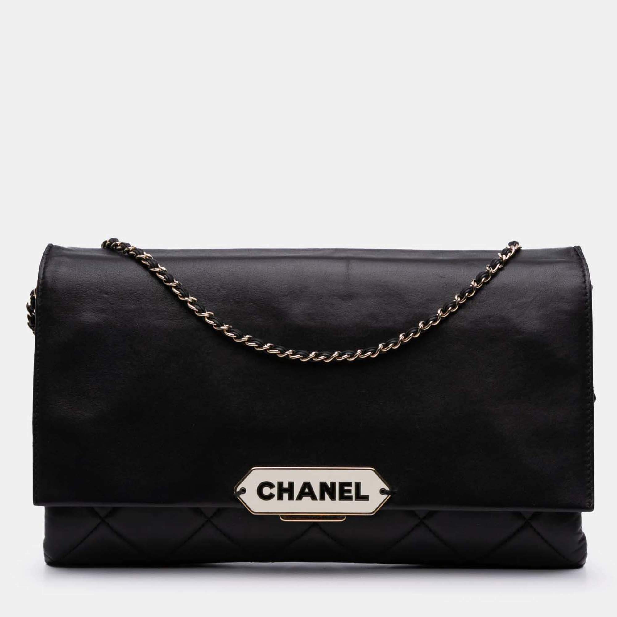 Pre Owned Chanel Black Quilted Lambskin Retro Label Shoulder Bag