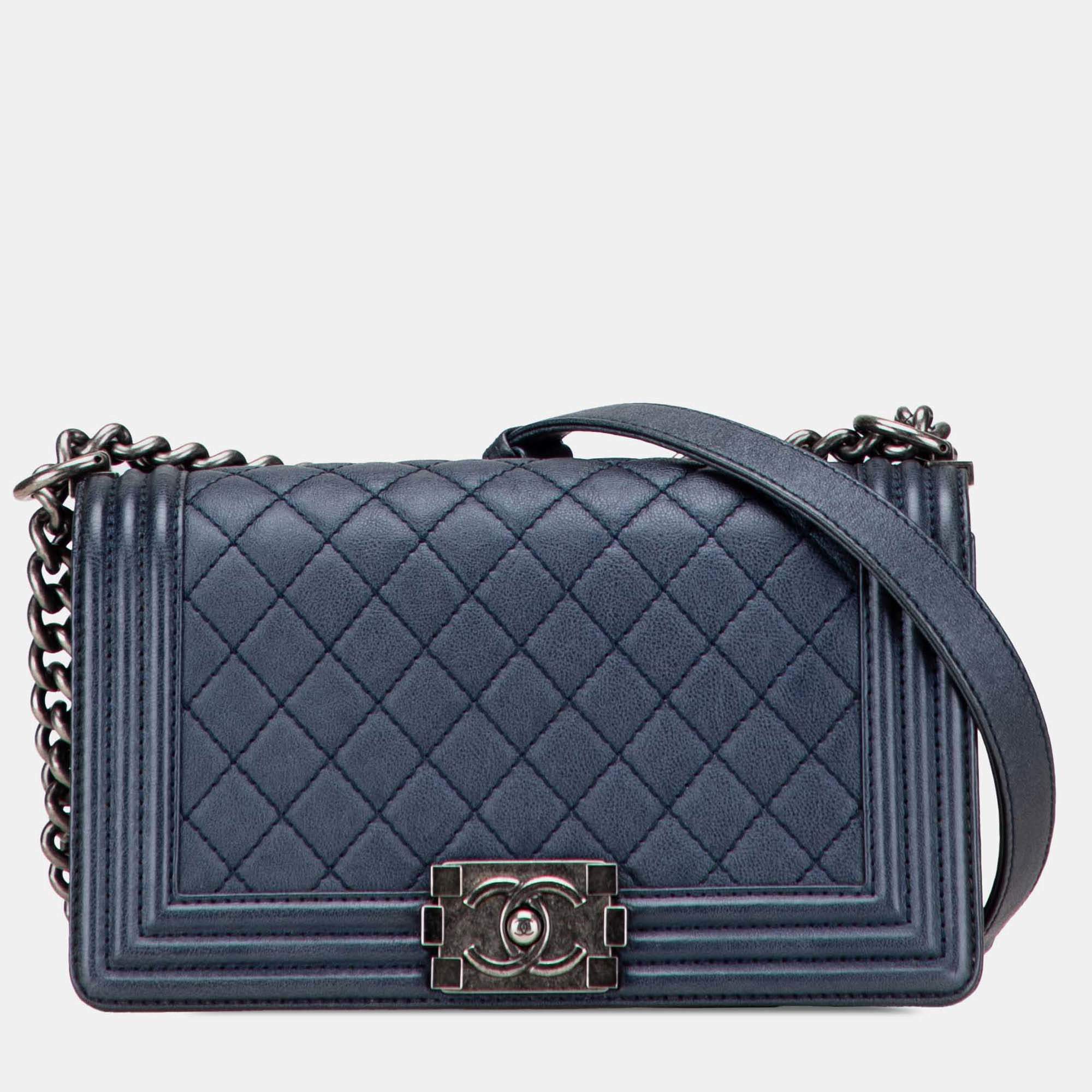 Pre Owned Chanel Blue Old Medium Quilted Lambskin Boy Flap