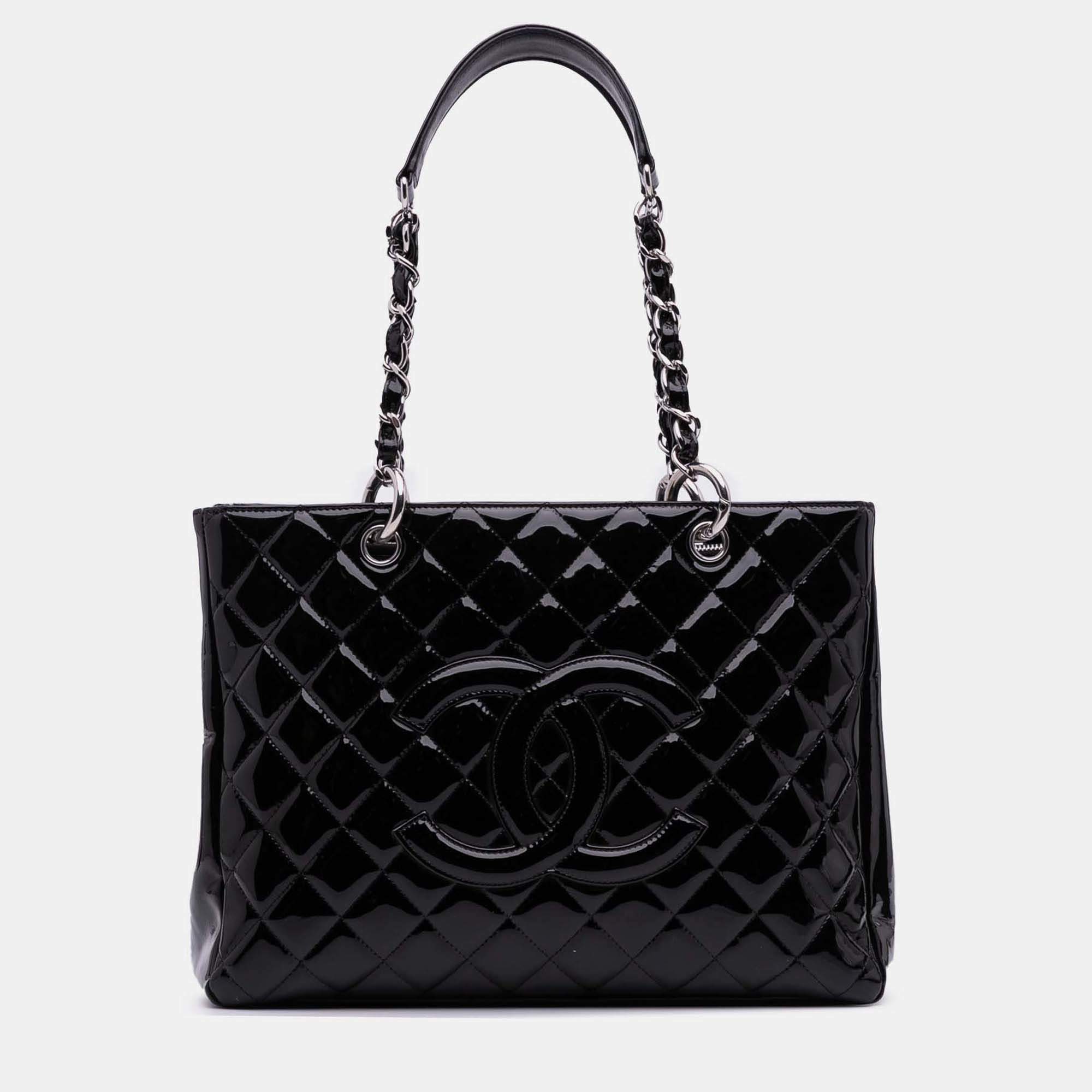 Pre Owned Chanel Black Patent Grand Shopping Tote