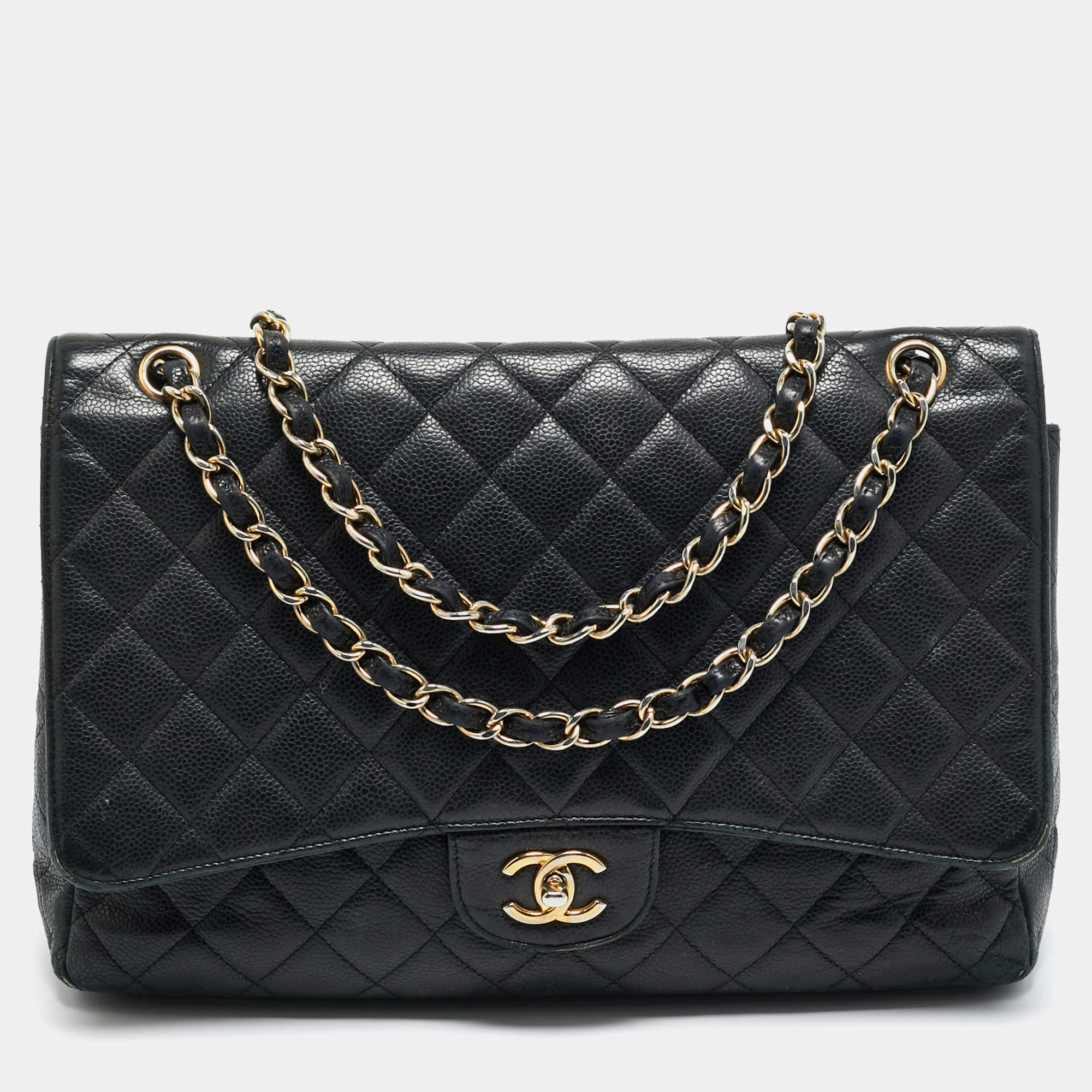 Pre Owned Chanel Black Quilted Caviar Leather Maxi Classic Single Flap Bag