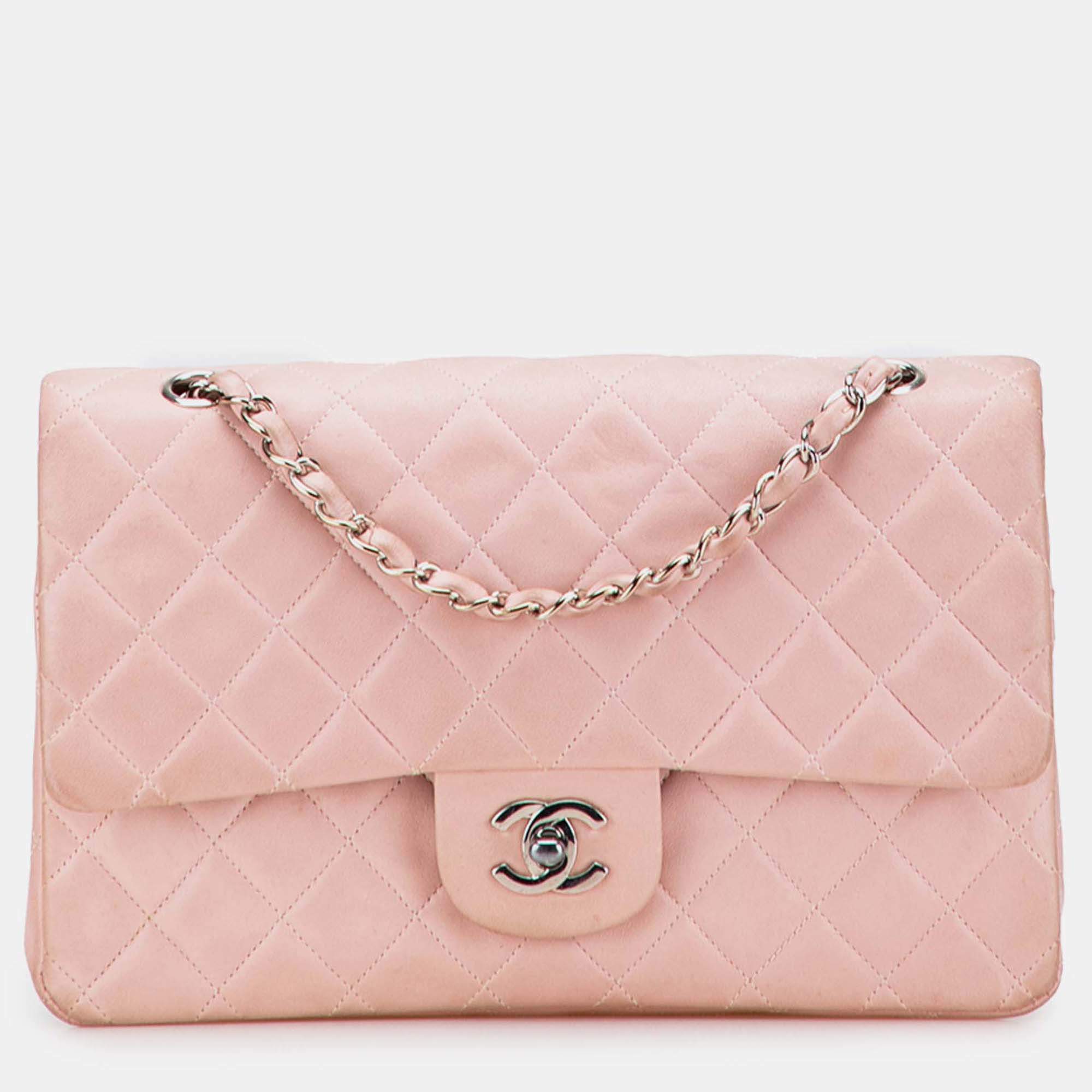 Pre Owned Chanel Pink Medium Classic Lambskin Double Flap