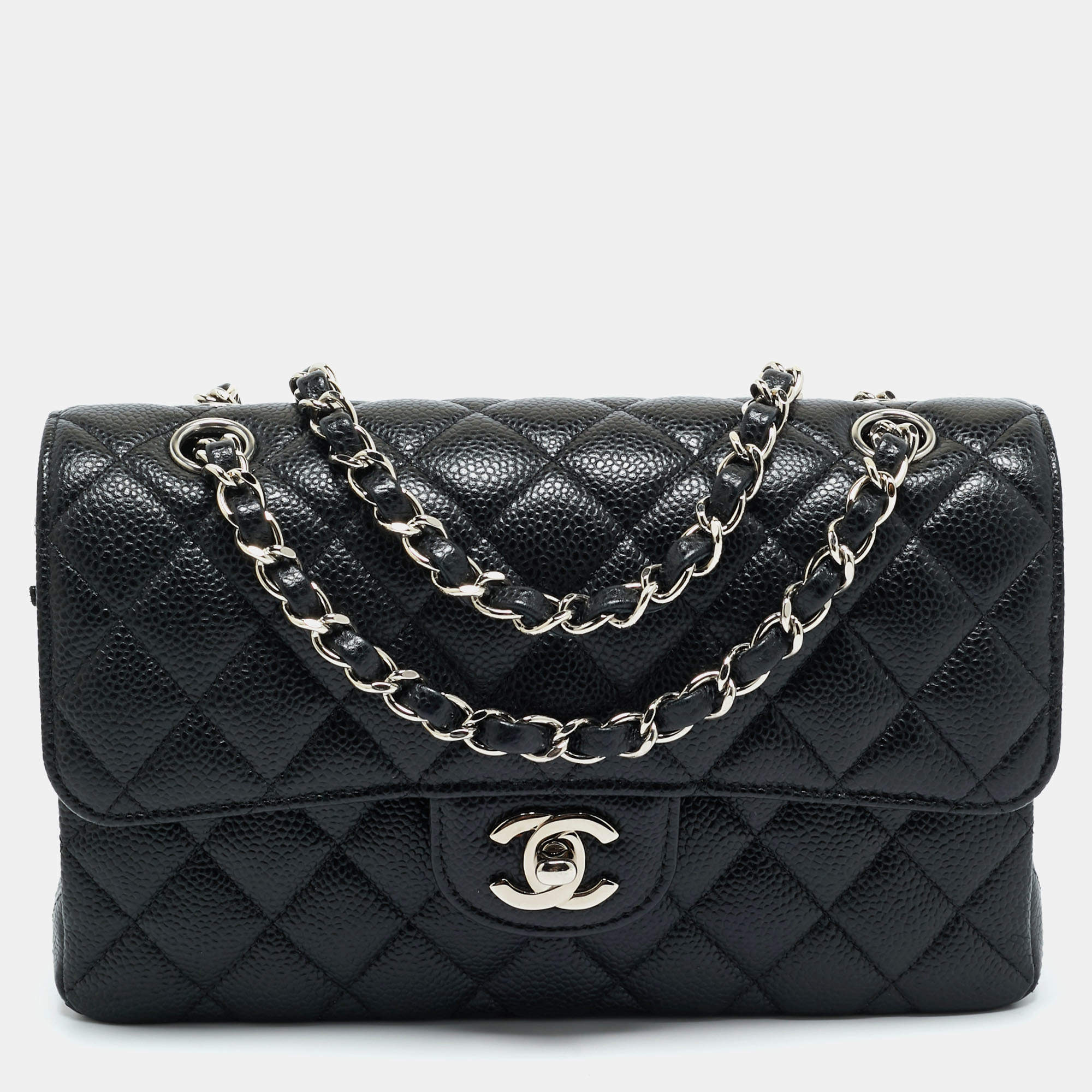Pre Owned Chanel Black Quilted Caviar Leather Small Classic Double Flap Bag