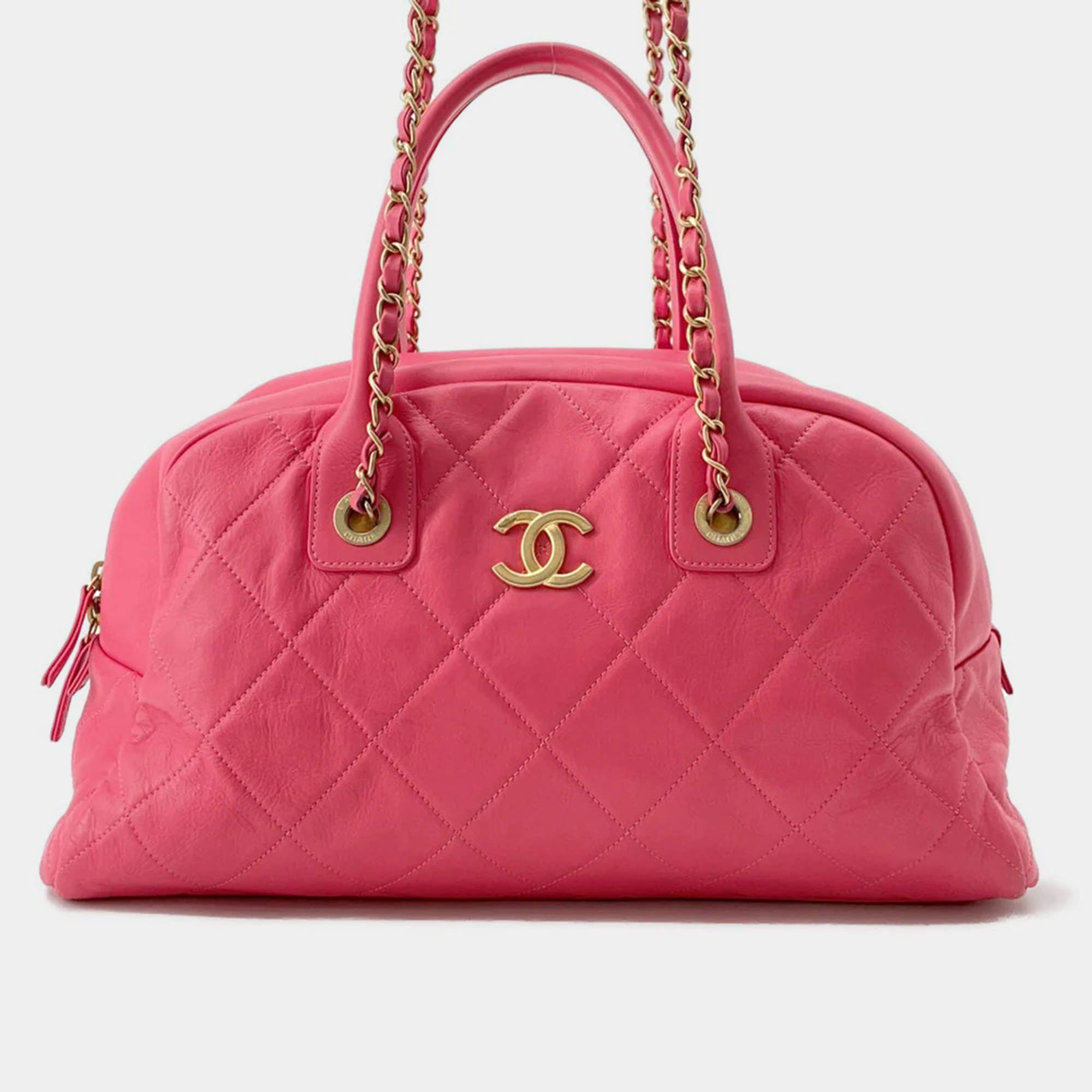 Pre Owned Chanel Matelasse Bowling Bag Pink Calf Leather