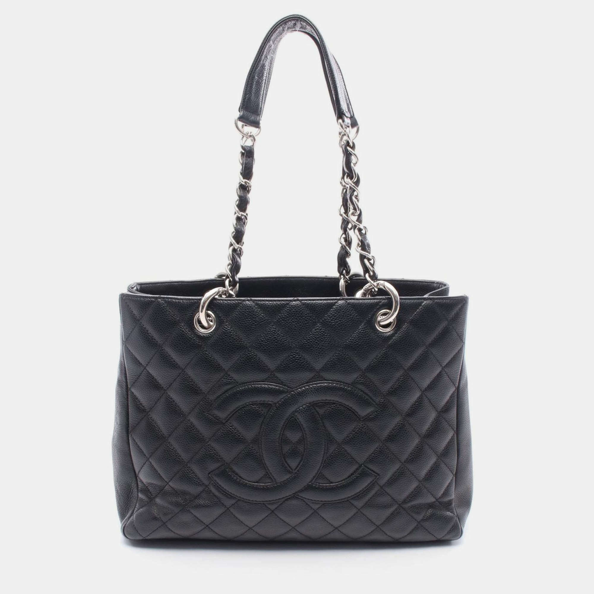 Pre Owned Chanel Matelassé Black Leather Grand Shopping Tote