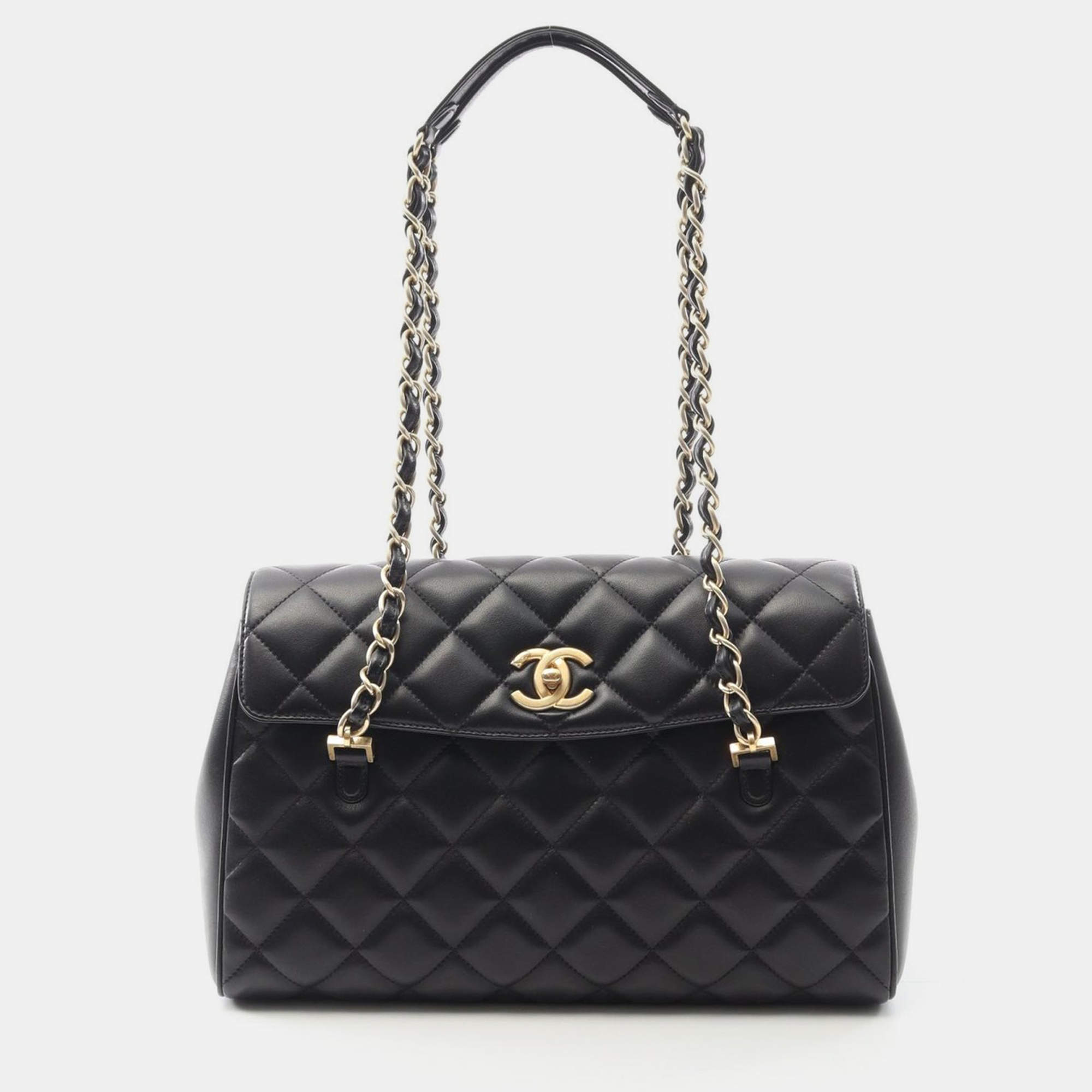 Pre Owned Chanel Matelasse Coco CC Black Lambskin Chain Tote Bag GHW  