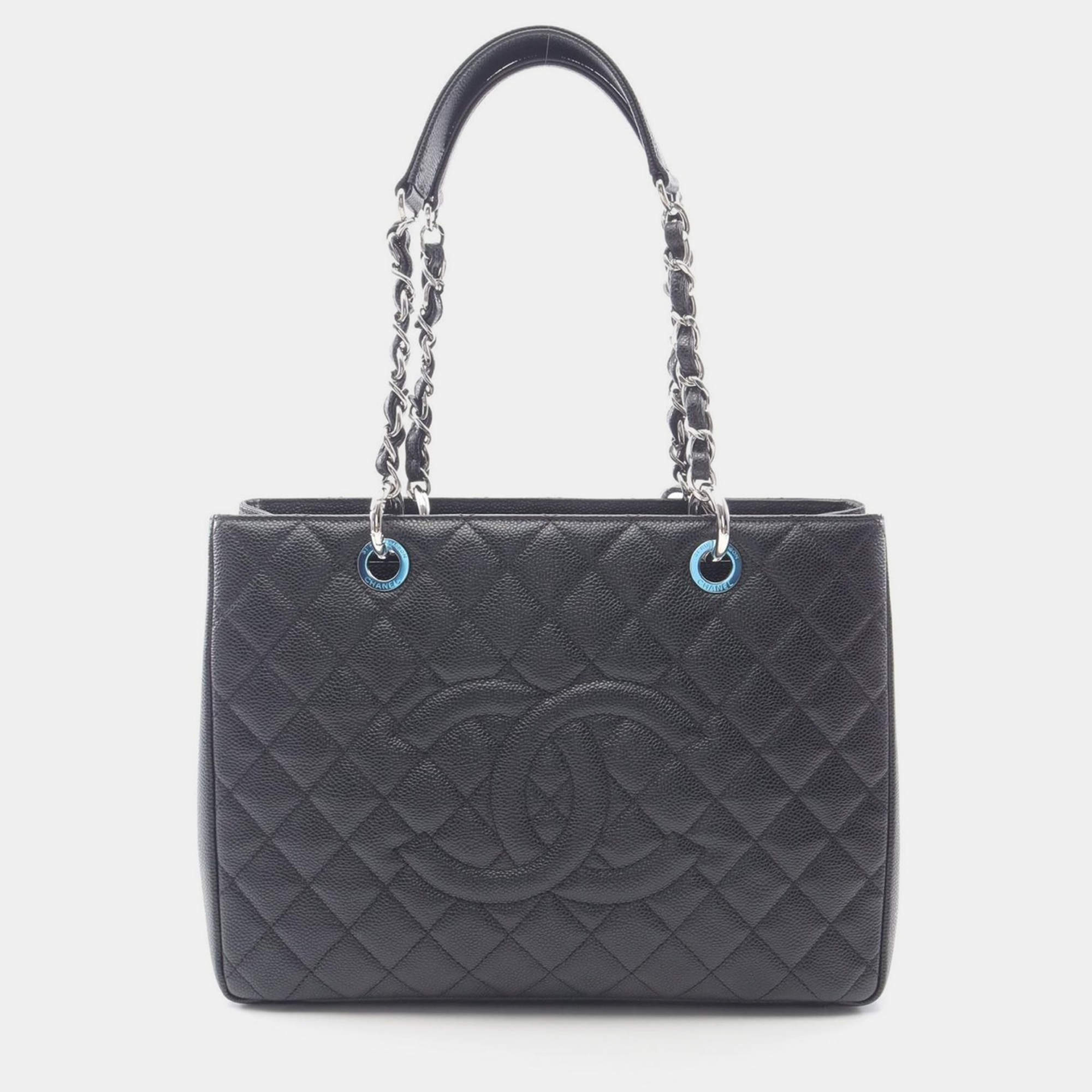 Pre Owned Chanel Matelasse CC Black Calfskin GST Grand Shopping Tote Bag SHW