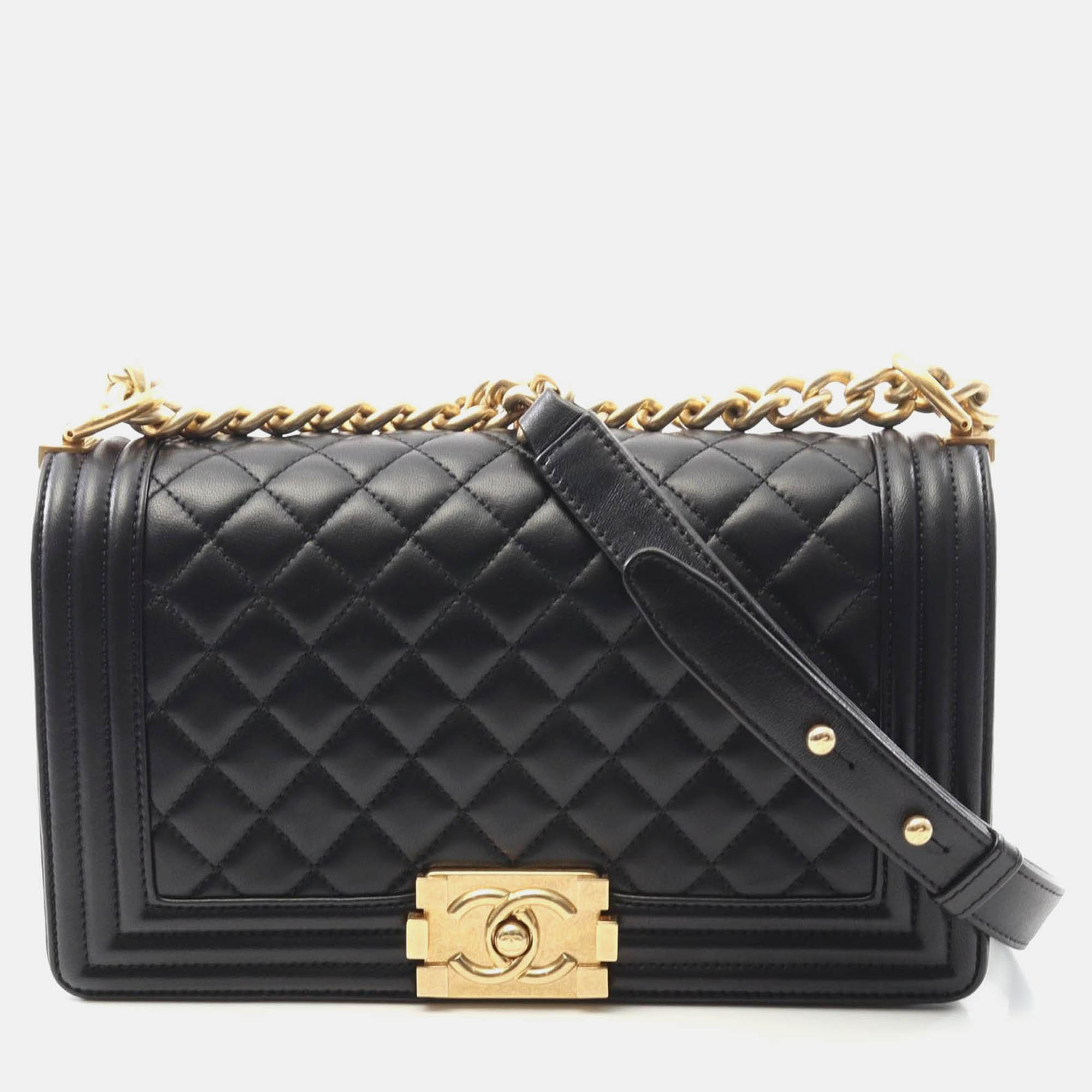 Pre Owned Chanel Boy Chanel Coco CC Black Lambskin Shoulder Bag GHW 
