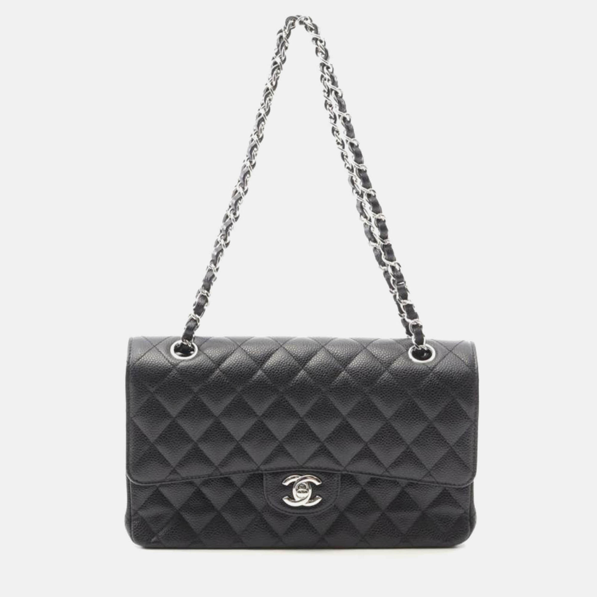 Pre Owned Chanel Matelasse Black Caviar Leather W Flap Bag