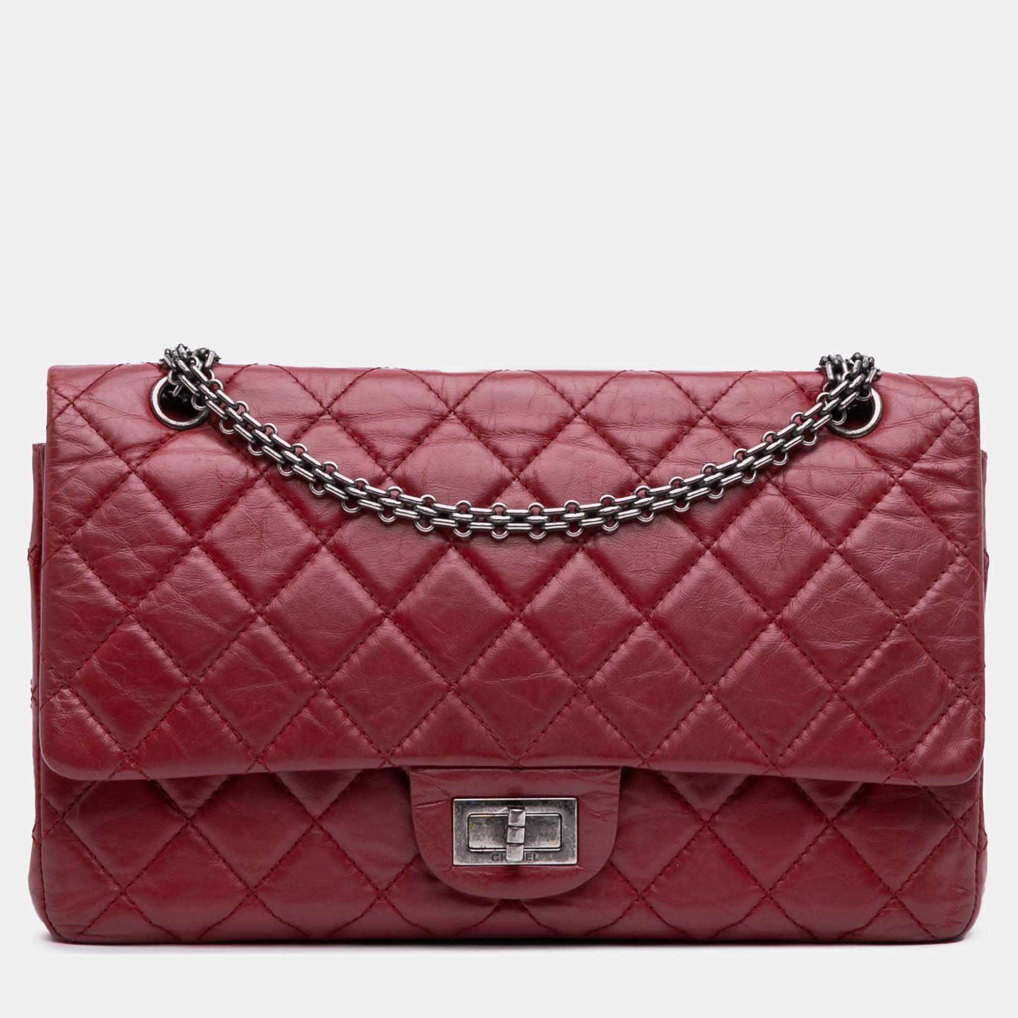 Pre Owned Chanel Red Reissue 2.55 Aged Calfskin Double Flap 227