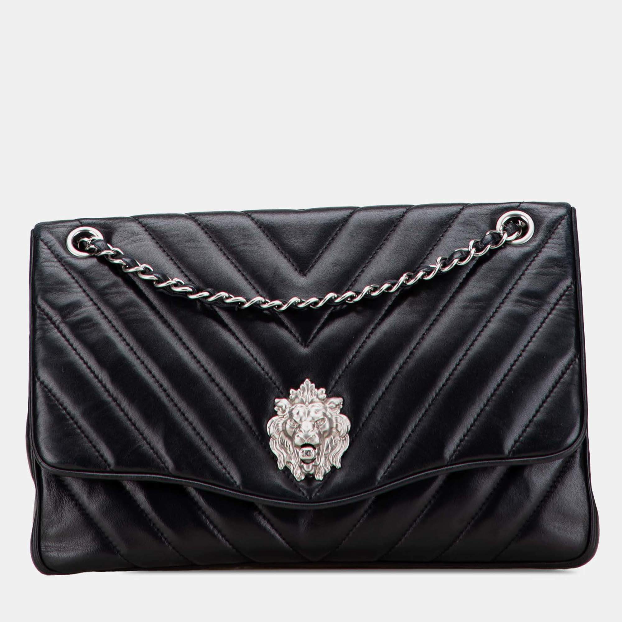 Pre Owned Chanel Black Jumbo Chevron Lambskin Leo Lion Flap