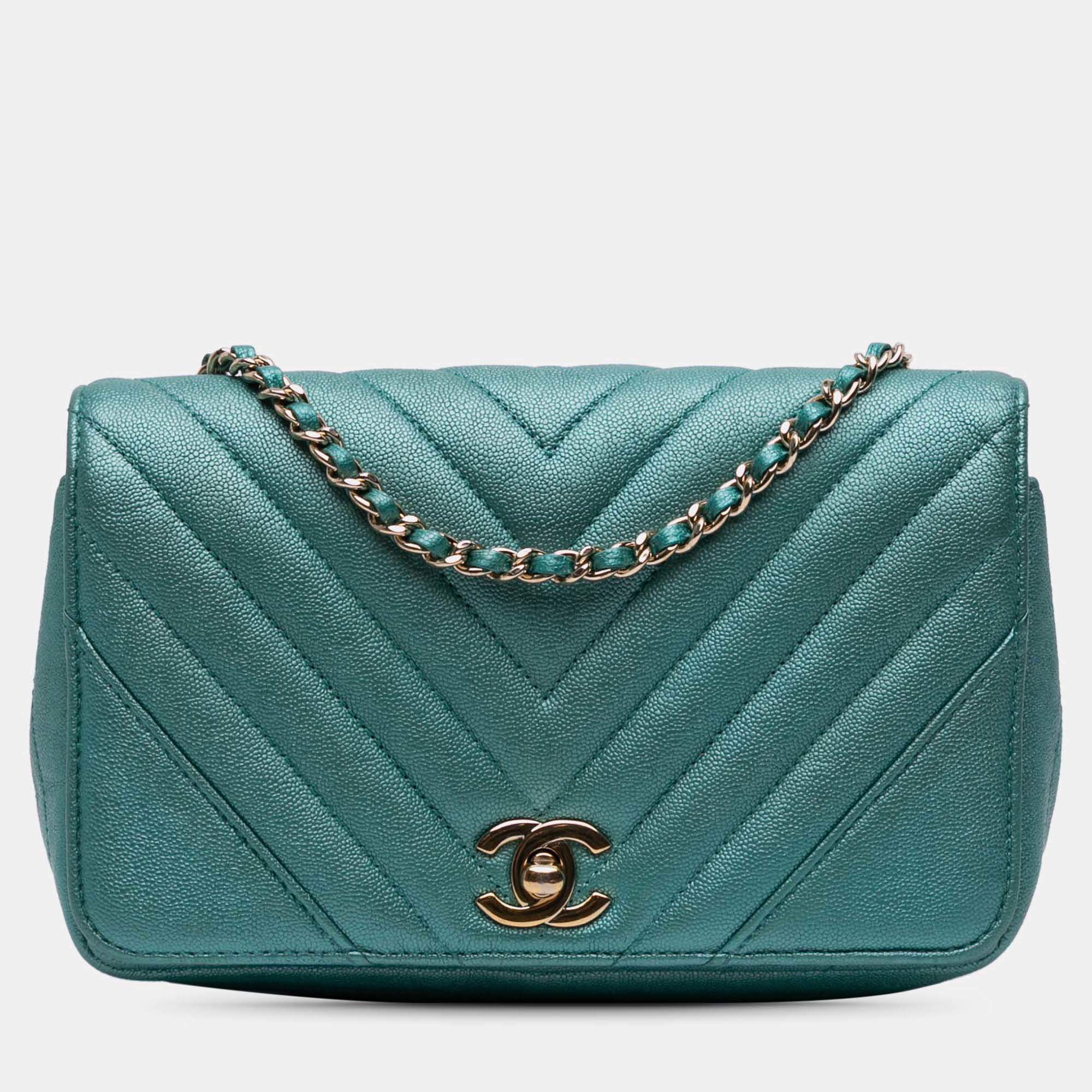 Pre Owned Chanel Blue Small Chevron Caviar Statement Flap