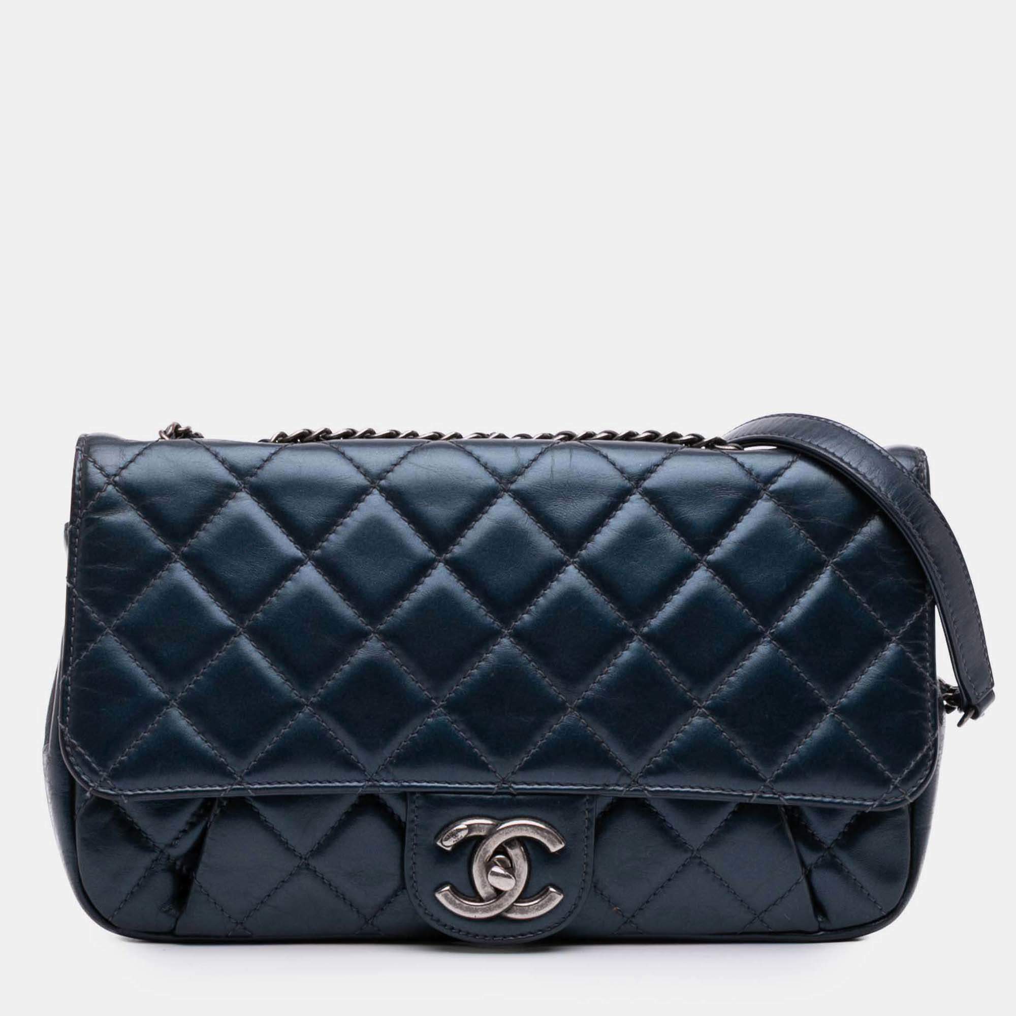 Pre Owned Chanel Blue Medium Quilted Glazed Calfskin Coco Pleats Flap