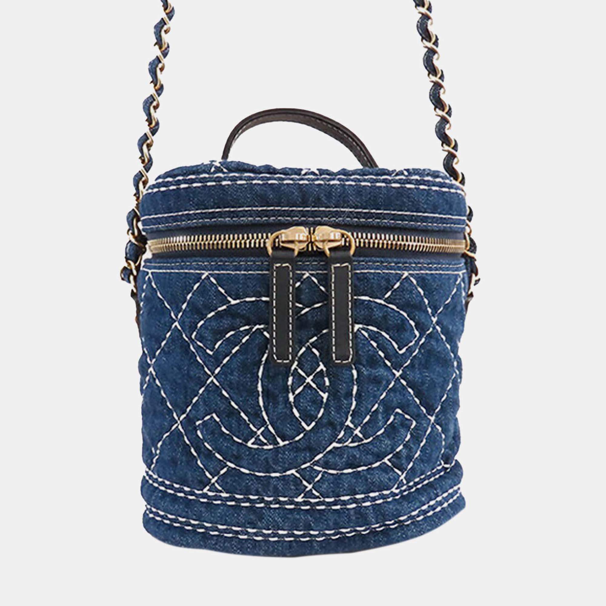 Pre Owned Chanel Blue CC Quilted Denim Vanity Bag