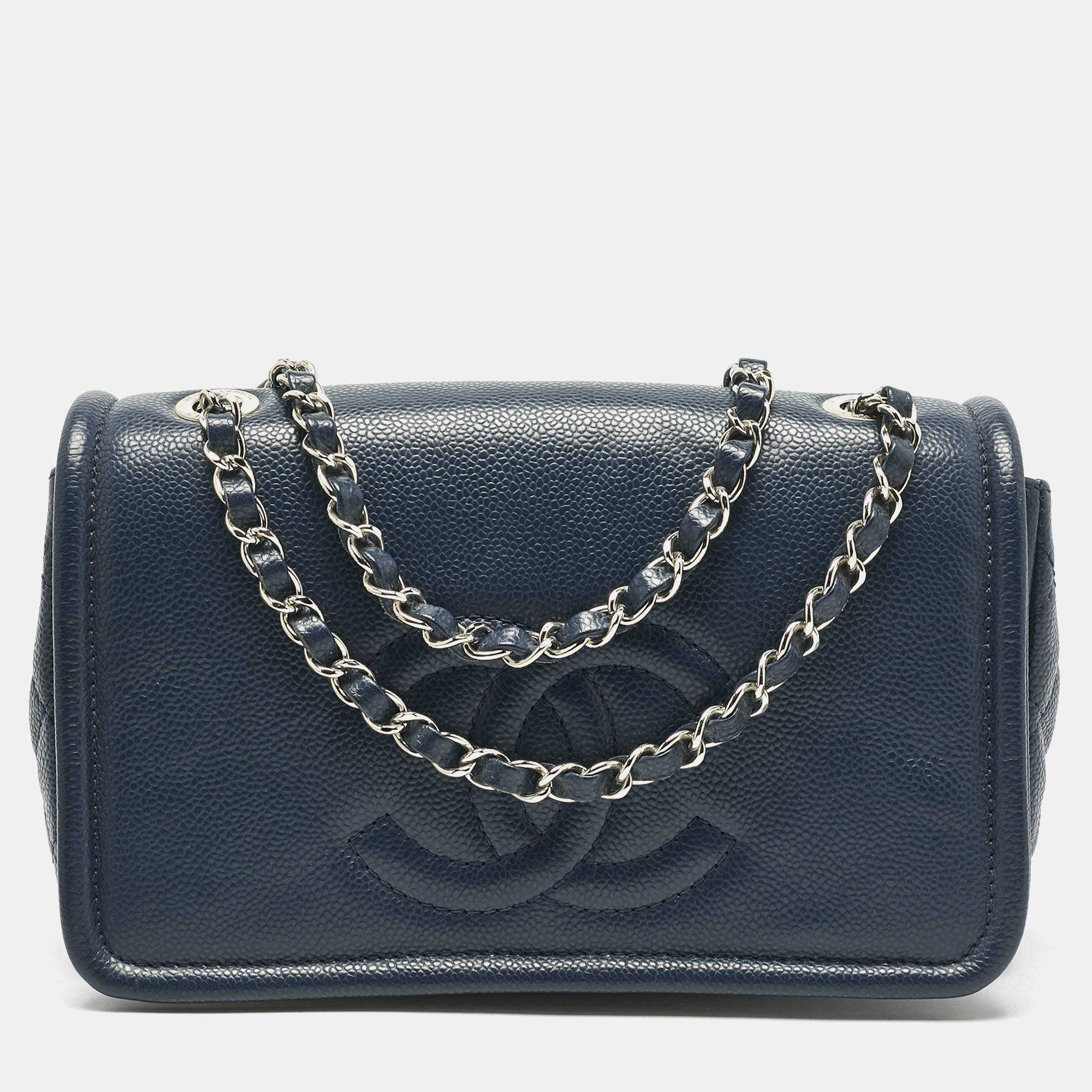 Pre Owned Chanel Navy Blue Quilted Caviar Leather Medium Timeless CC Flap Bag