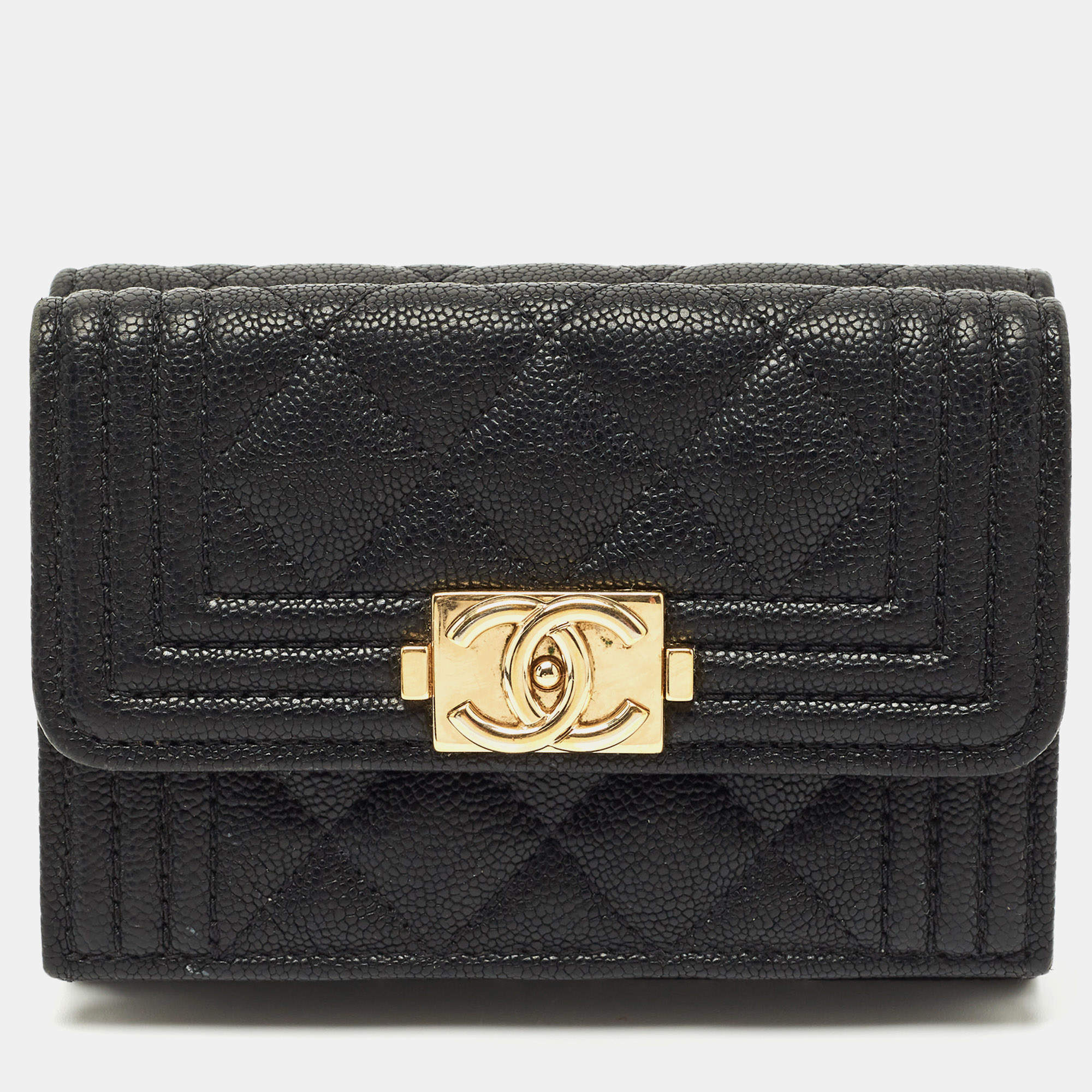 Pre Owned Chanel Black Quilted Caviar Leather Boy Wallet
