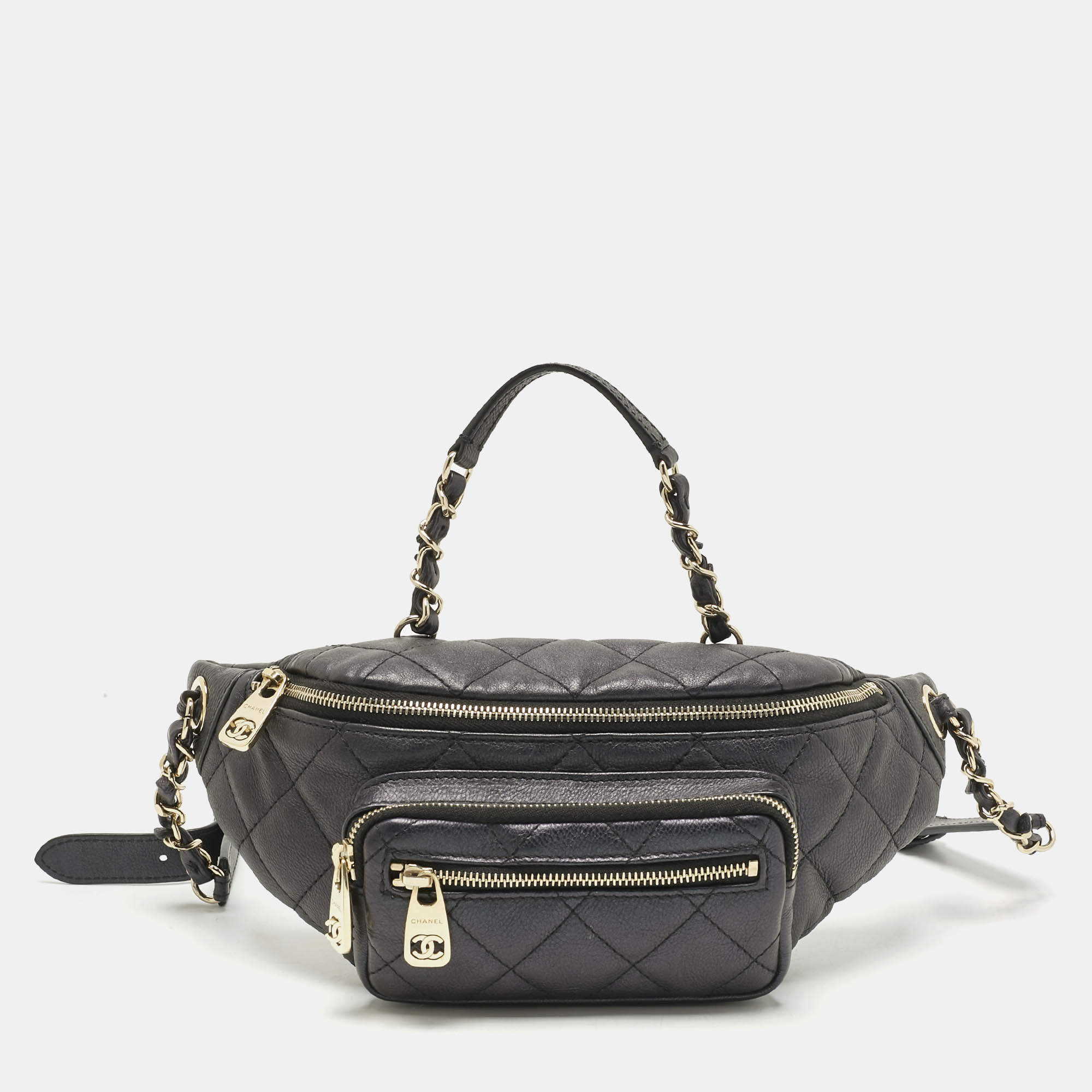 Pre Owned Chanel Black Quilted Leather All About Waist Belt Bag 