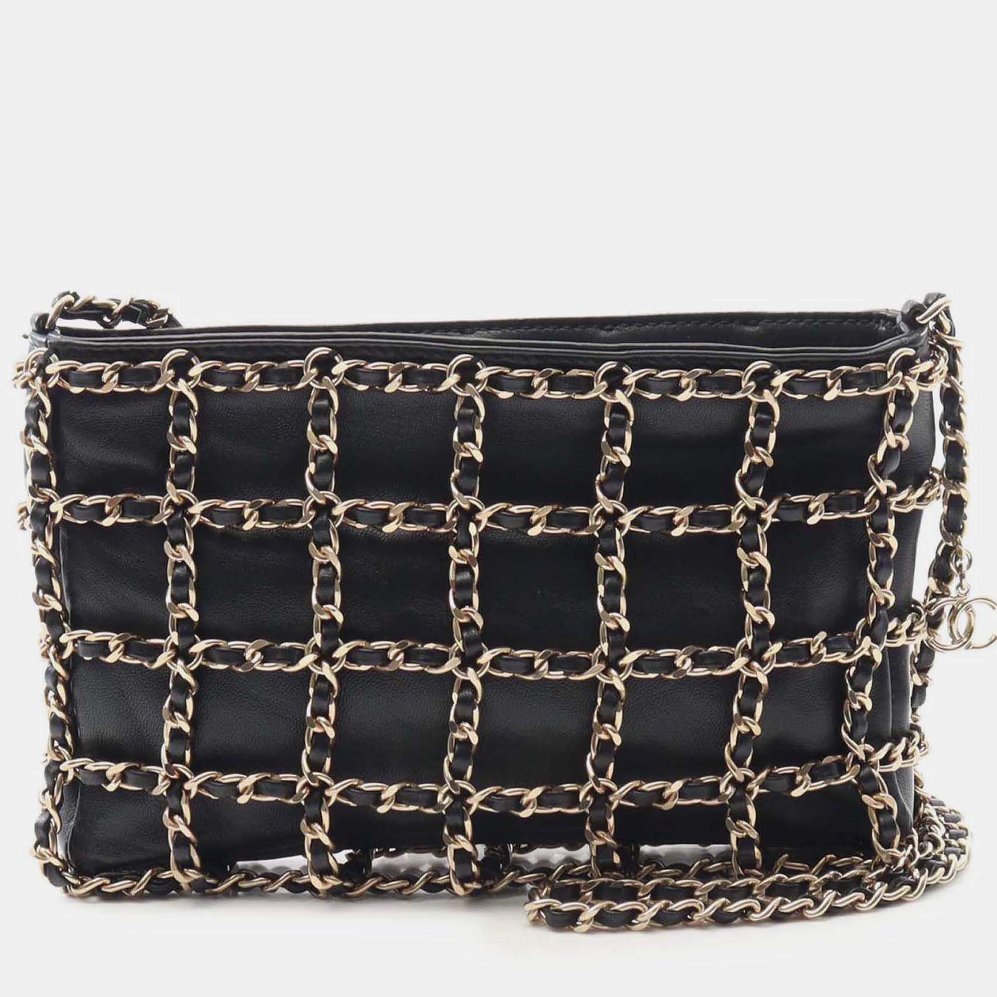 Pre Owned Chanel Black Lambskin Chain Frame Crossbody