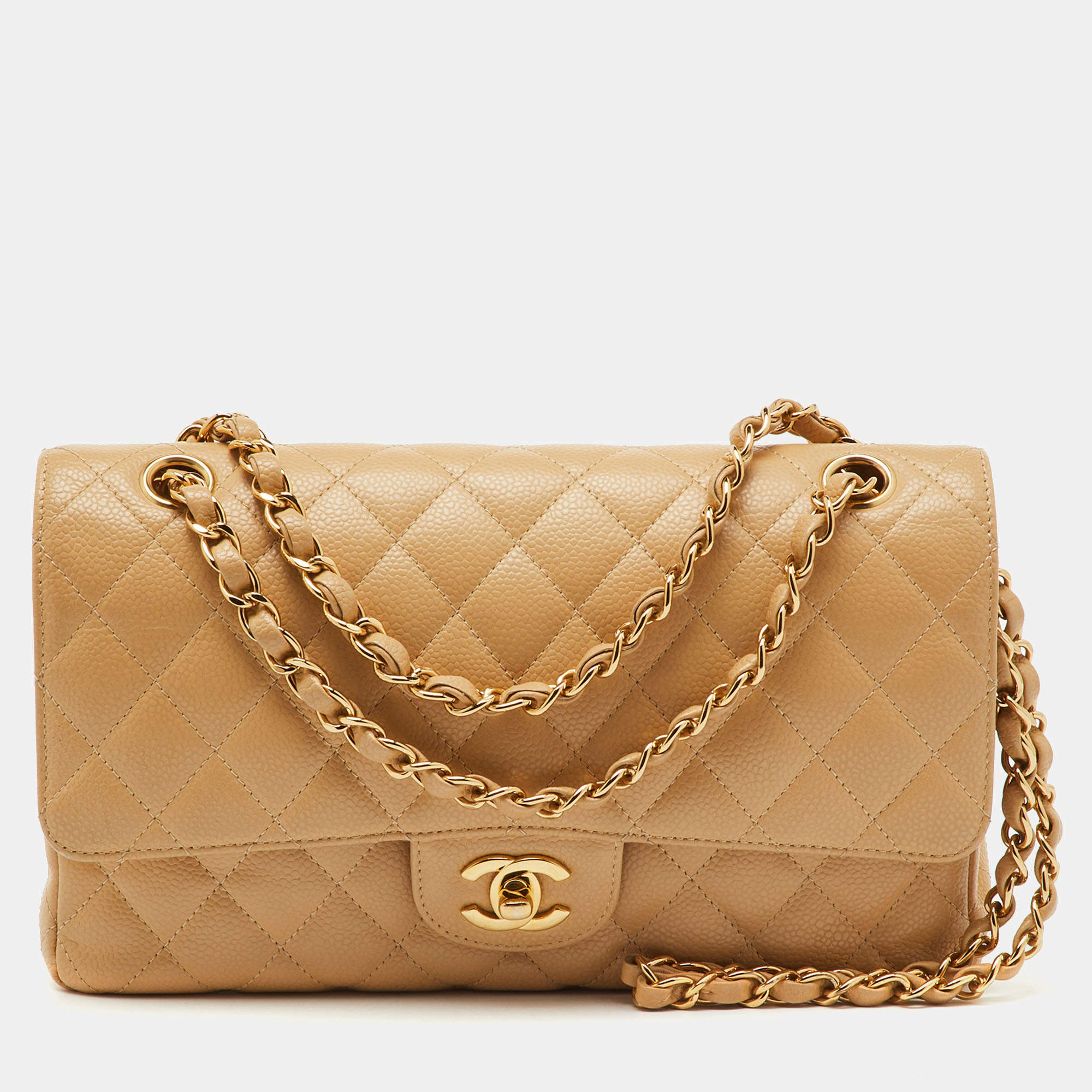 Pre Owned Chanel Beige Quilted Caviar Leather Medium Classic Double Flap Bag