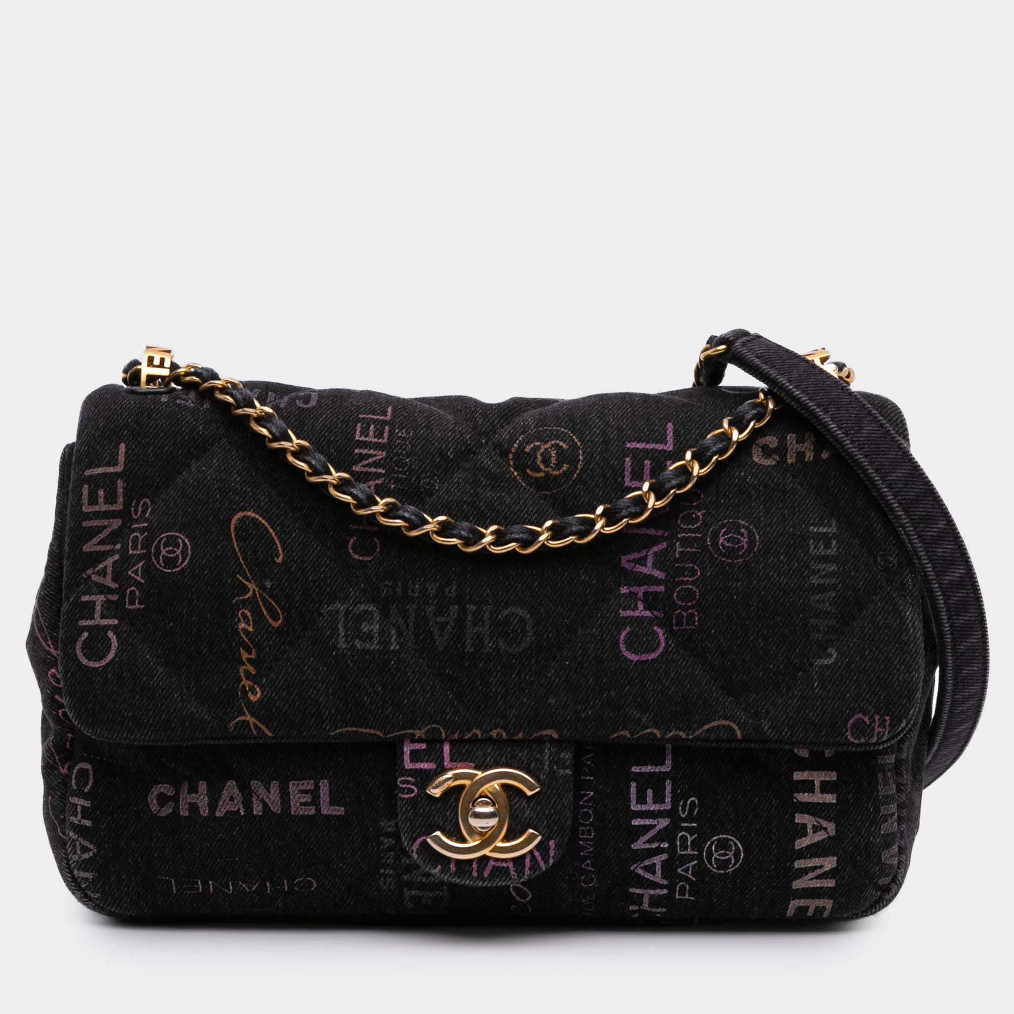 Pre Owned Chanel Black Medium Quilted Denim Mood Flap