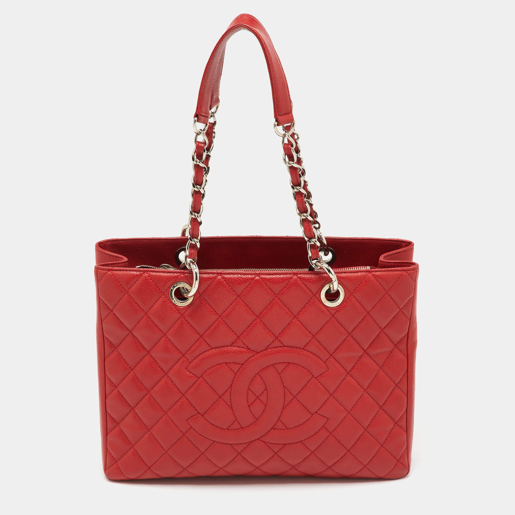 Pre Owned Chanel Red Quilted Caviar Leather GST Shopper Tote